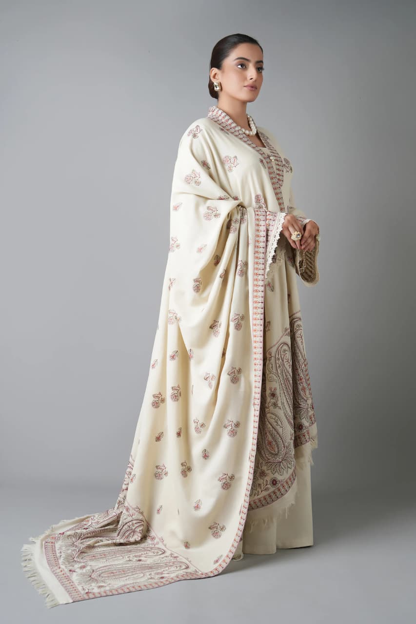 Embroidered Dhanak 3-Piece Suit with Embroidered Shawl D-079 - product photo 3