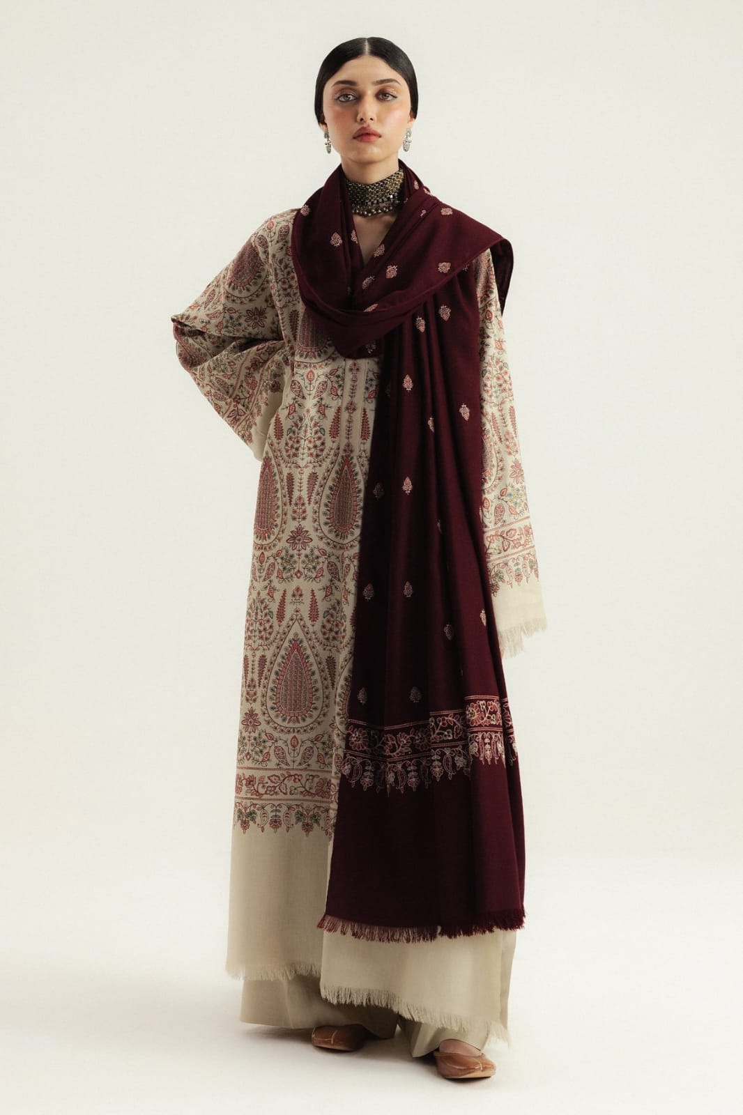 Embroidered Dhanak 3-Piece Suit with Embroidered Shawl D-075 - product photo 1