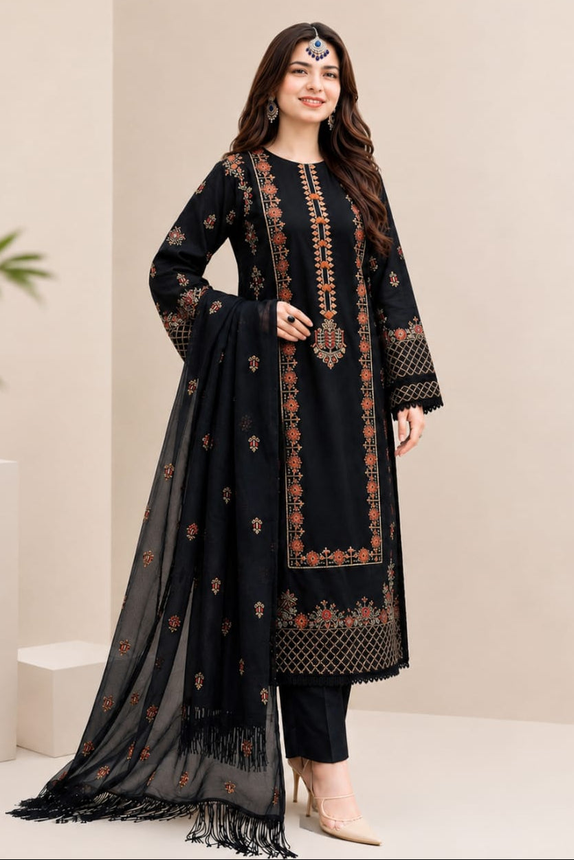 Embroidered Dhanak 3-Piece Suit with Embroidered Shawl D-072 - product photo 1
