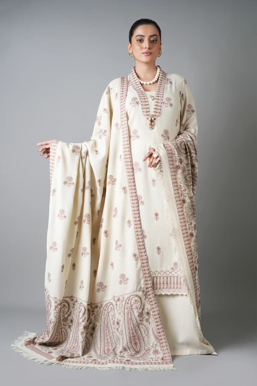 Embroidered Dhanak 3-Piece Suit with Embroidered Shawl D-079 - product photo 1