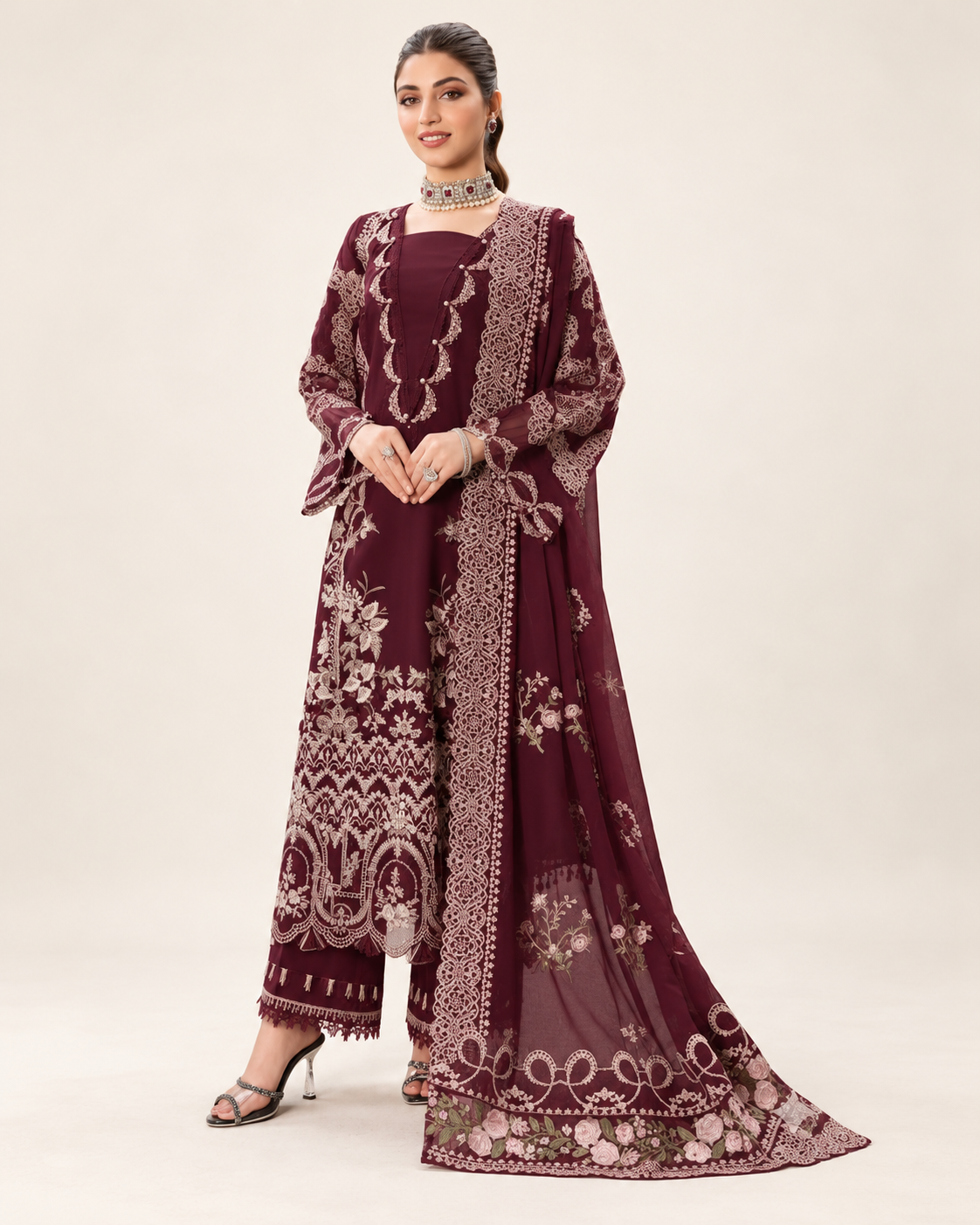 Wine Maroon embroidered Dhanak winter three-piece suit AL-811, image 1