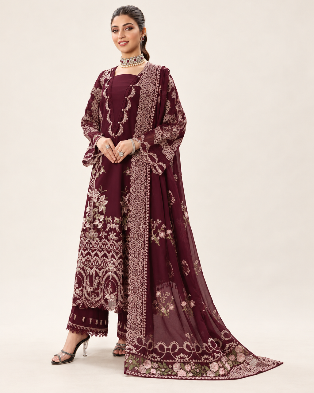 Wine Maroon embroidered Dhanak winter three-piece suit AL-811, image 2