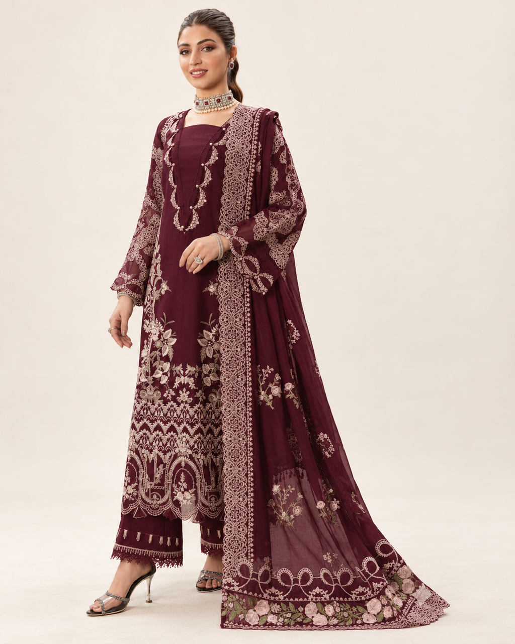Wine Maroon embroidered Dhanak winter three-piece suit AL-811, image 3