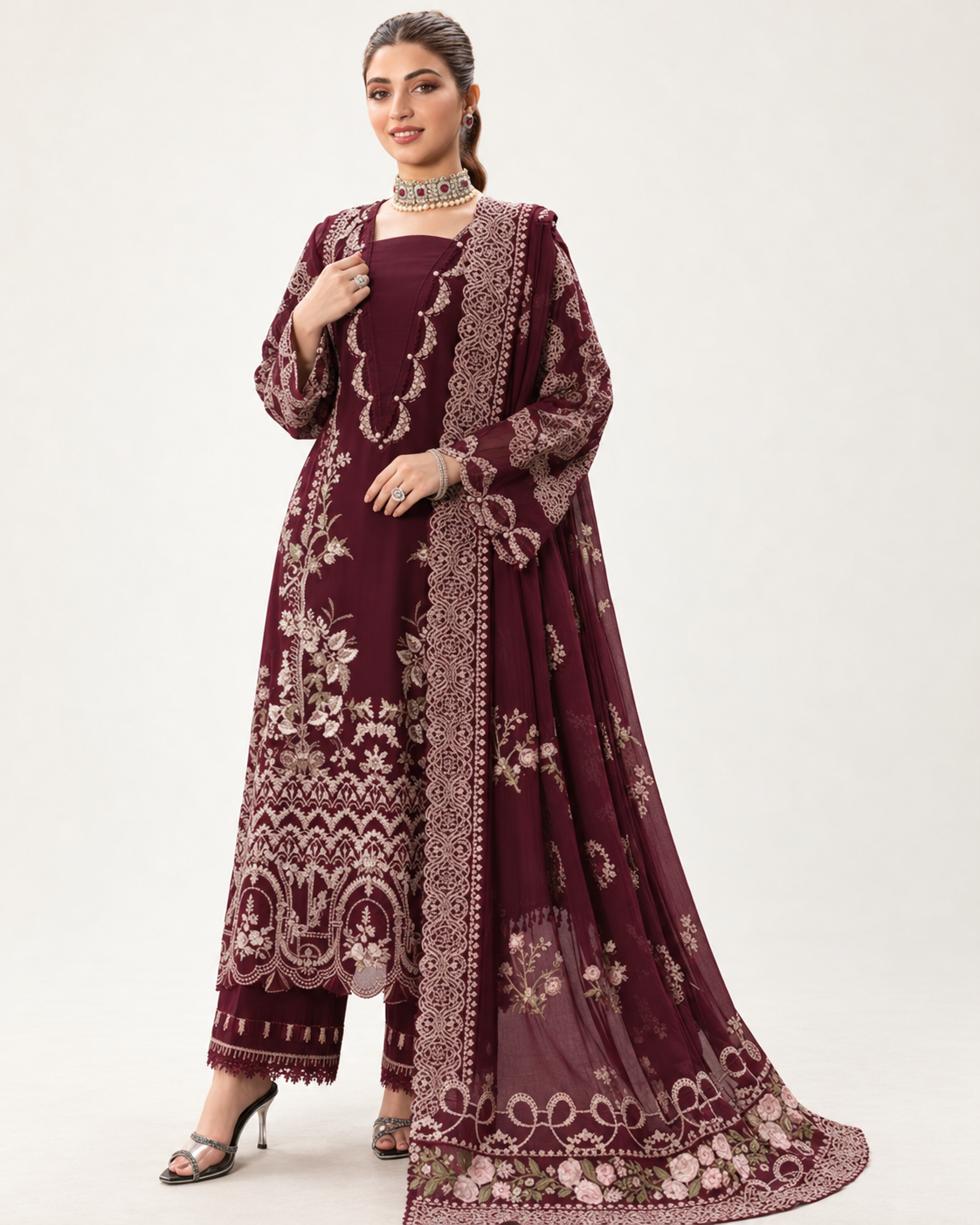 Wine Maroon embroidered Dhanak winter three-piece suit AL-811, image 4