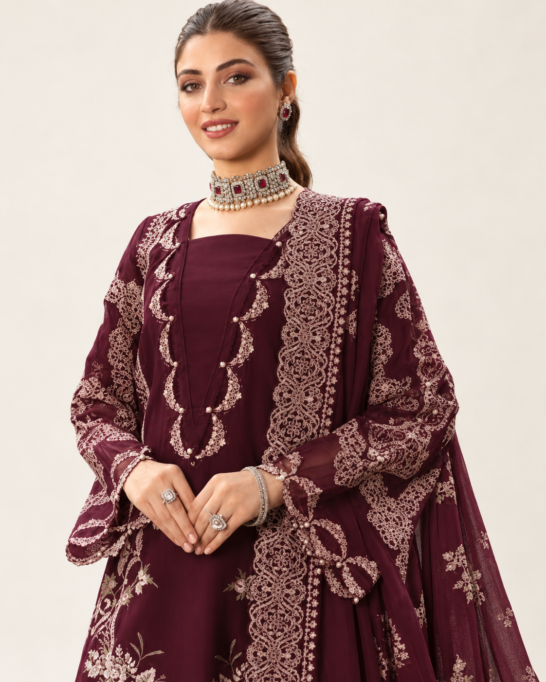 Wine Maroon embroidered Dhanak winter three-piece suit AL-811, image 5