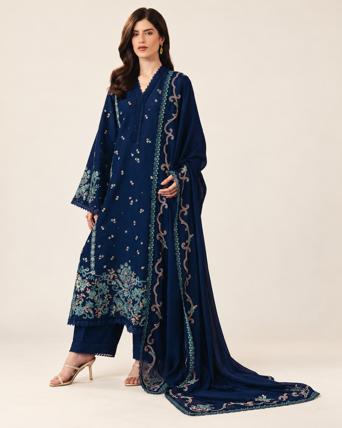 Navy Blue embroidered Dhanak winter three-piece suit AL-812, image 2