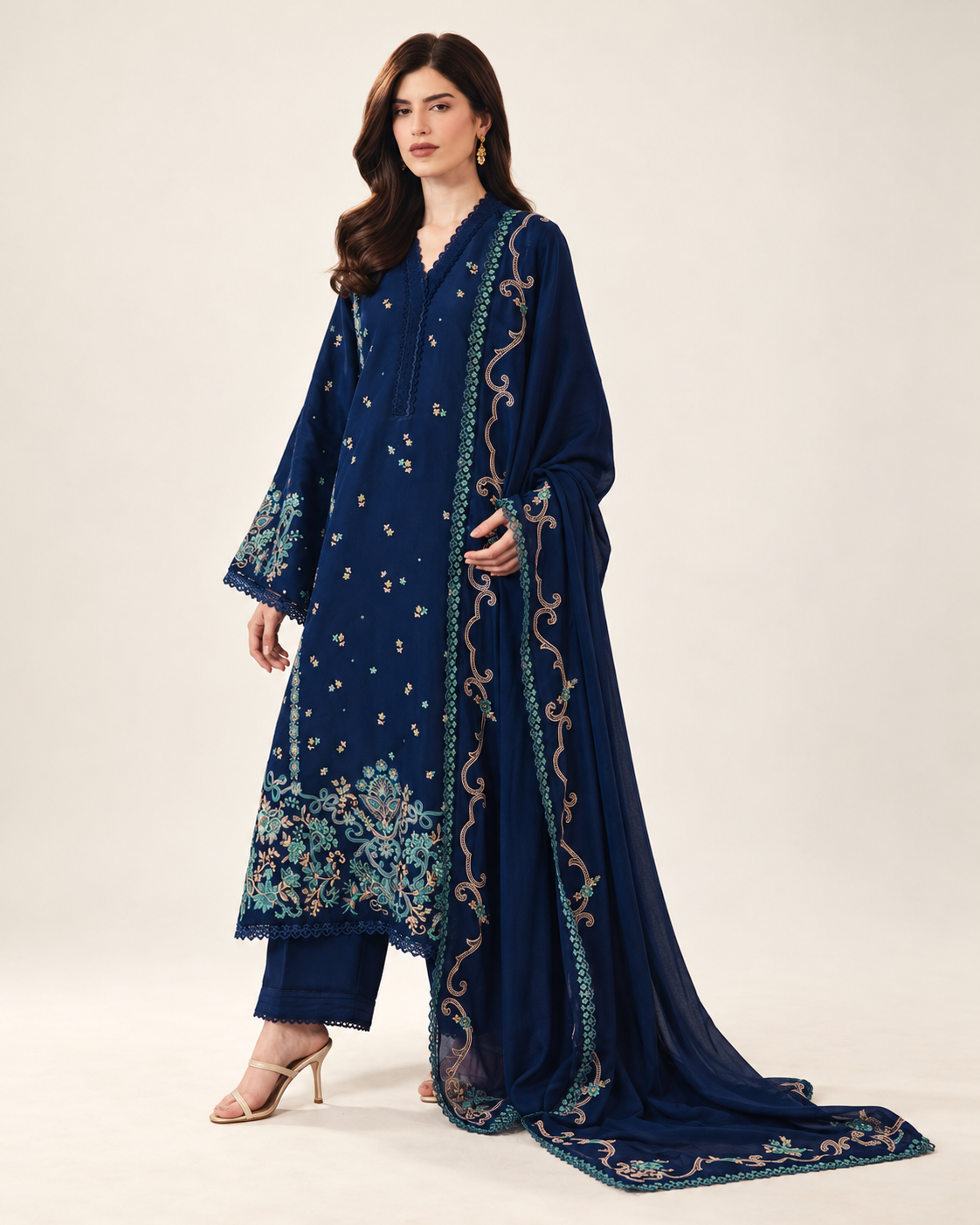 Navy Blue embroidered Dhanak winter three-piece suit AL-812, image 3