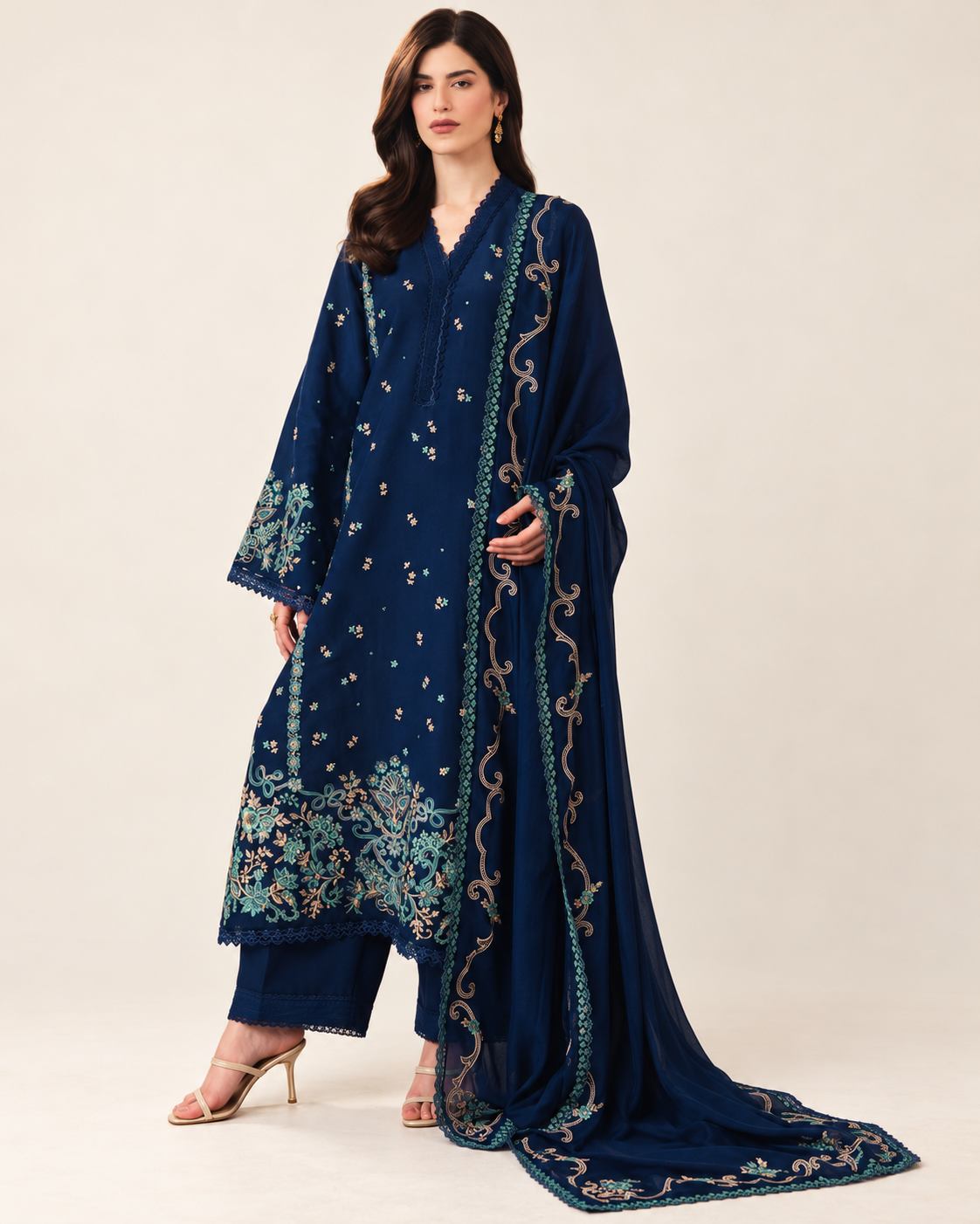 Navy Blue embroidered Dhanak winter three-piece suit AL-812, image 4