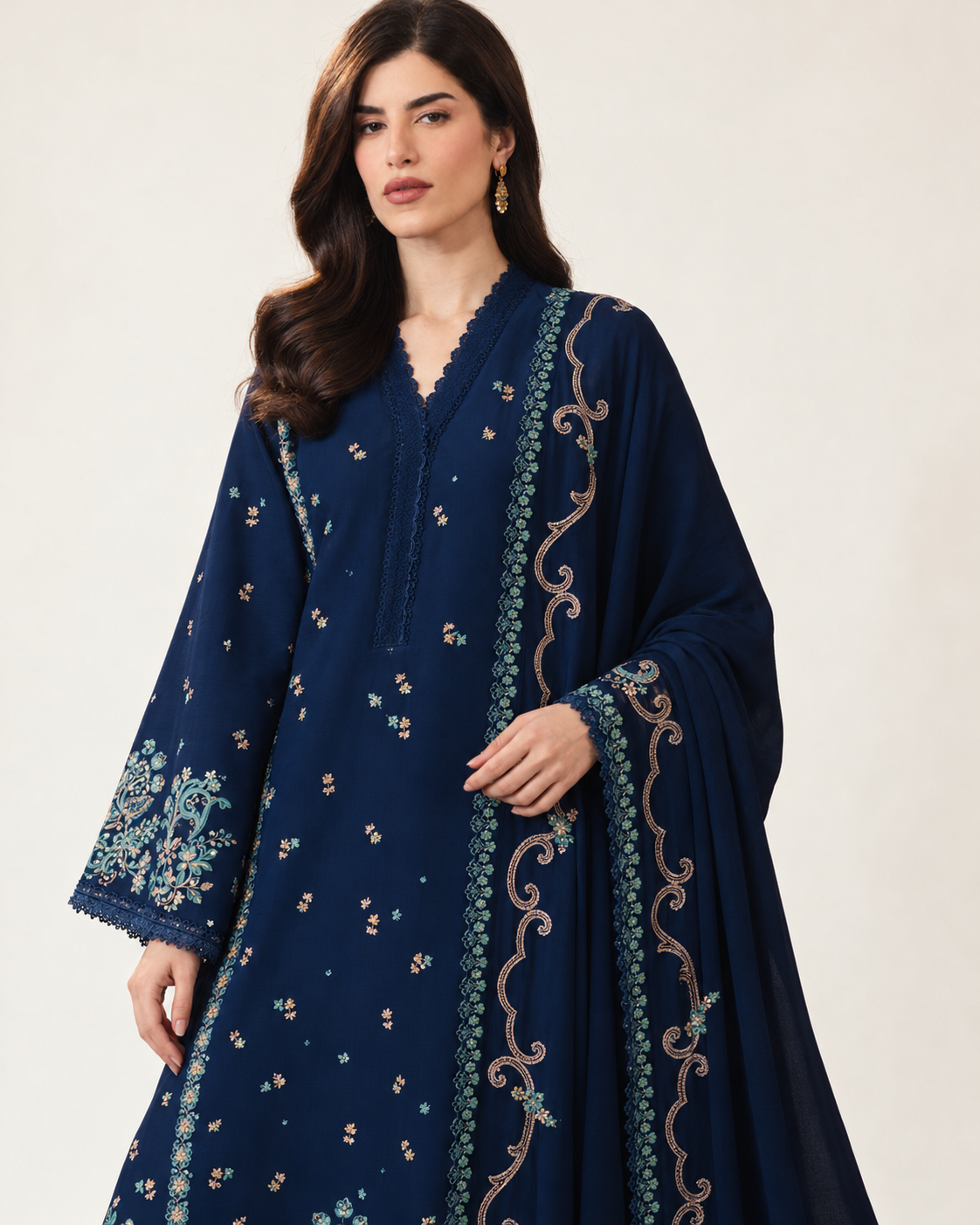 Navy Blue embroidered Dhanak winter three-piece suit AL-812, image 5