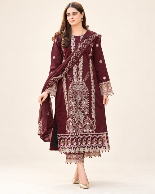 Burgundy embroidered Dhanak winter three-piece suit AL-828, image 1