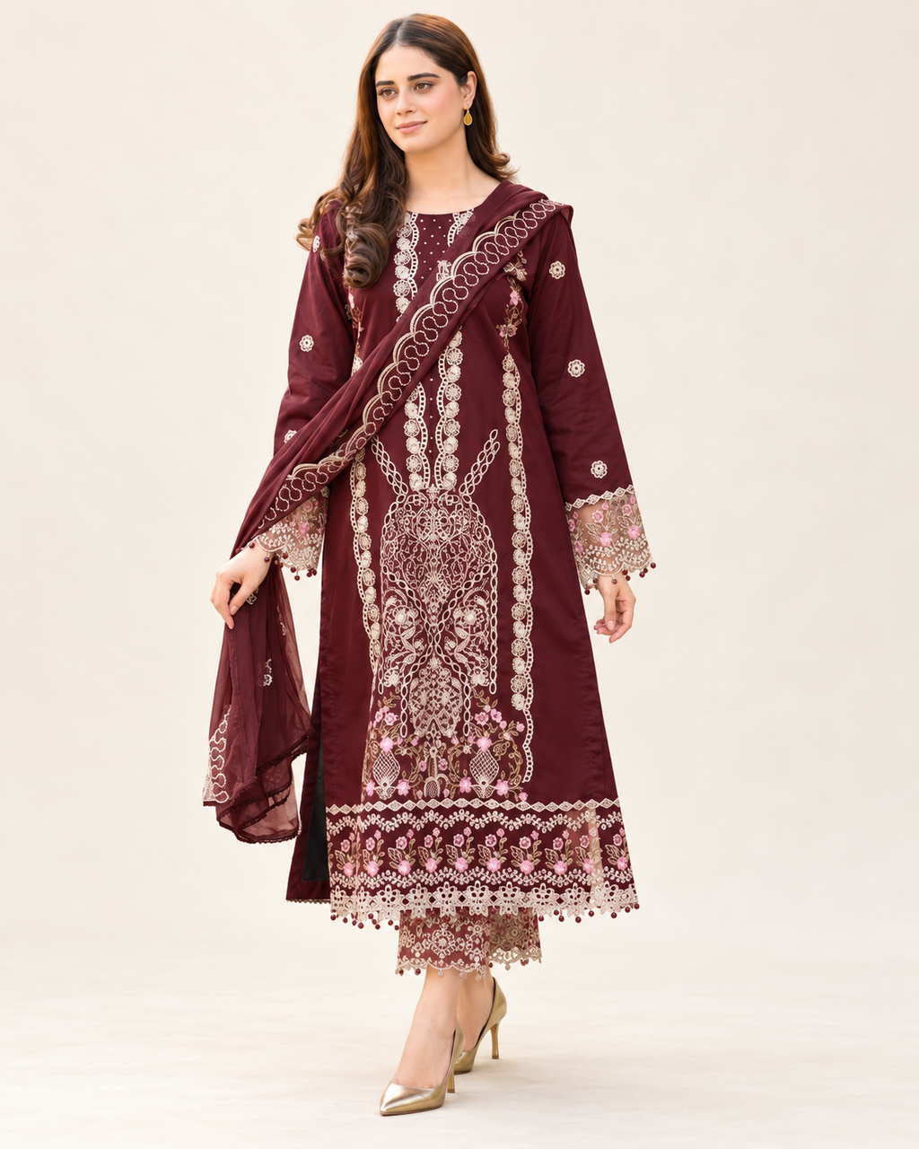Burgundy embroidered Dhanak winter three-piece suit AL-828, image 3