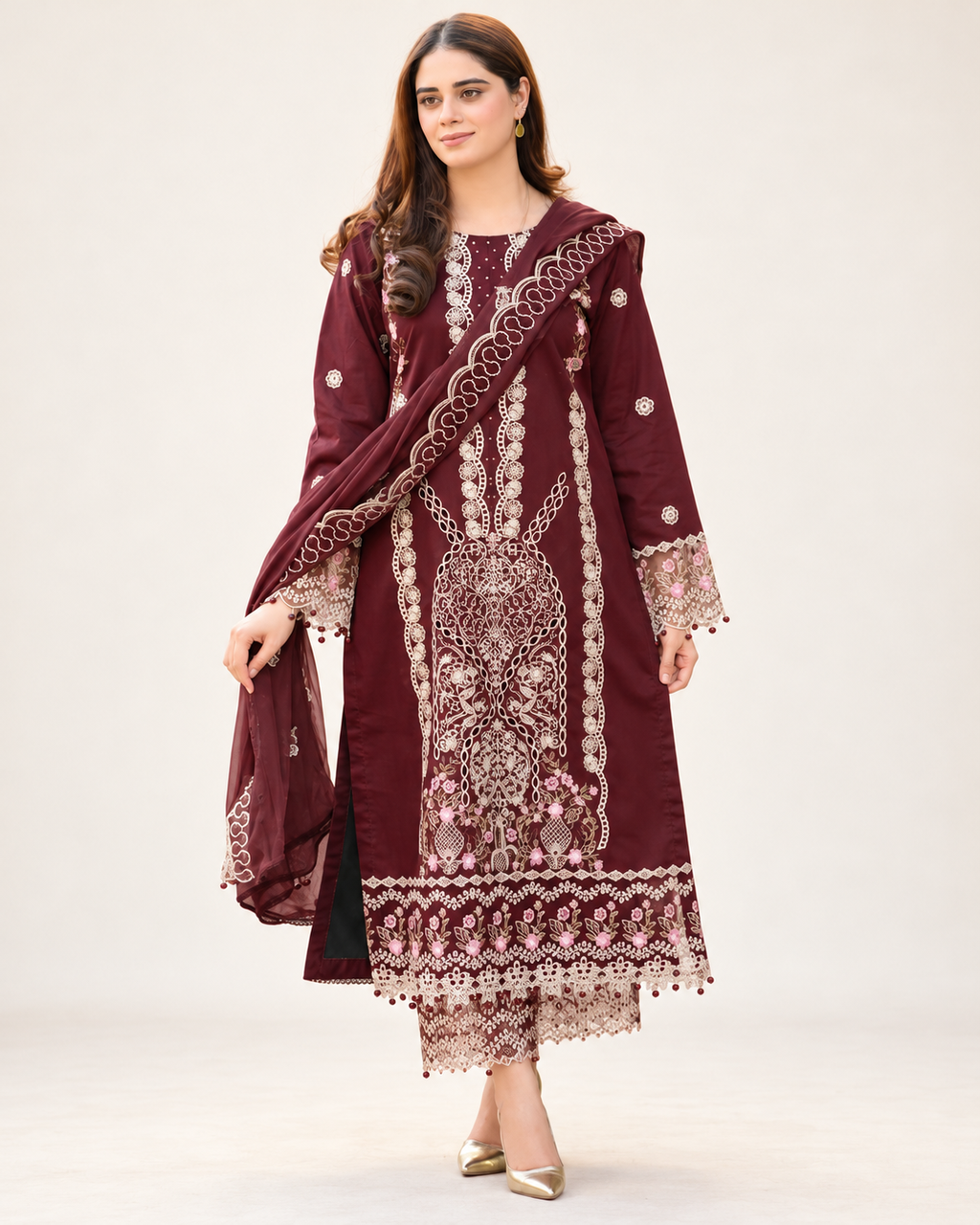 Burgundy embroidered Dhanak winter three-piece suit AL-828, image 4