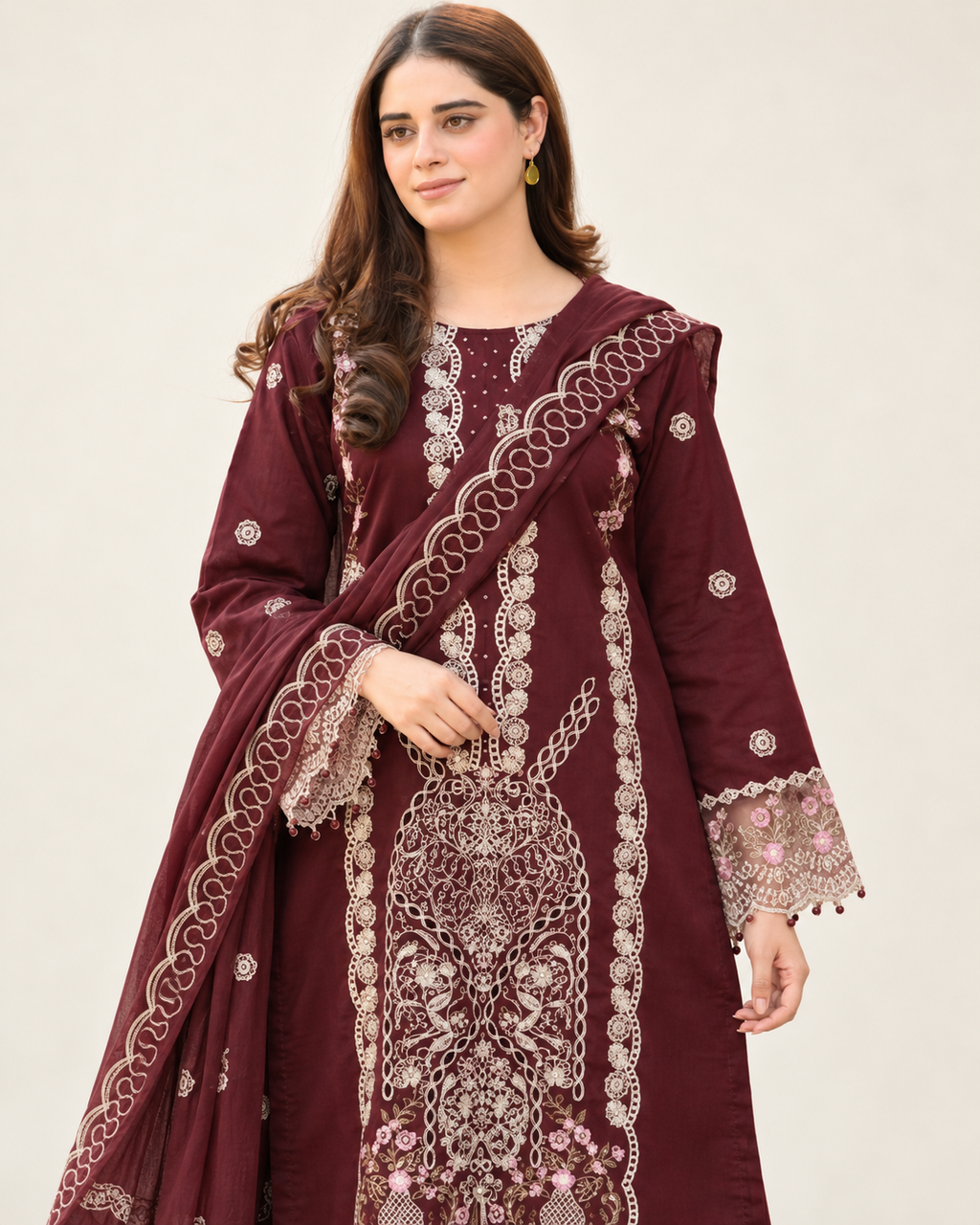 Burgundy embroidered Dhanak winter three-piece suit AL-828, image 5