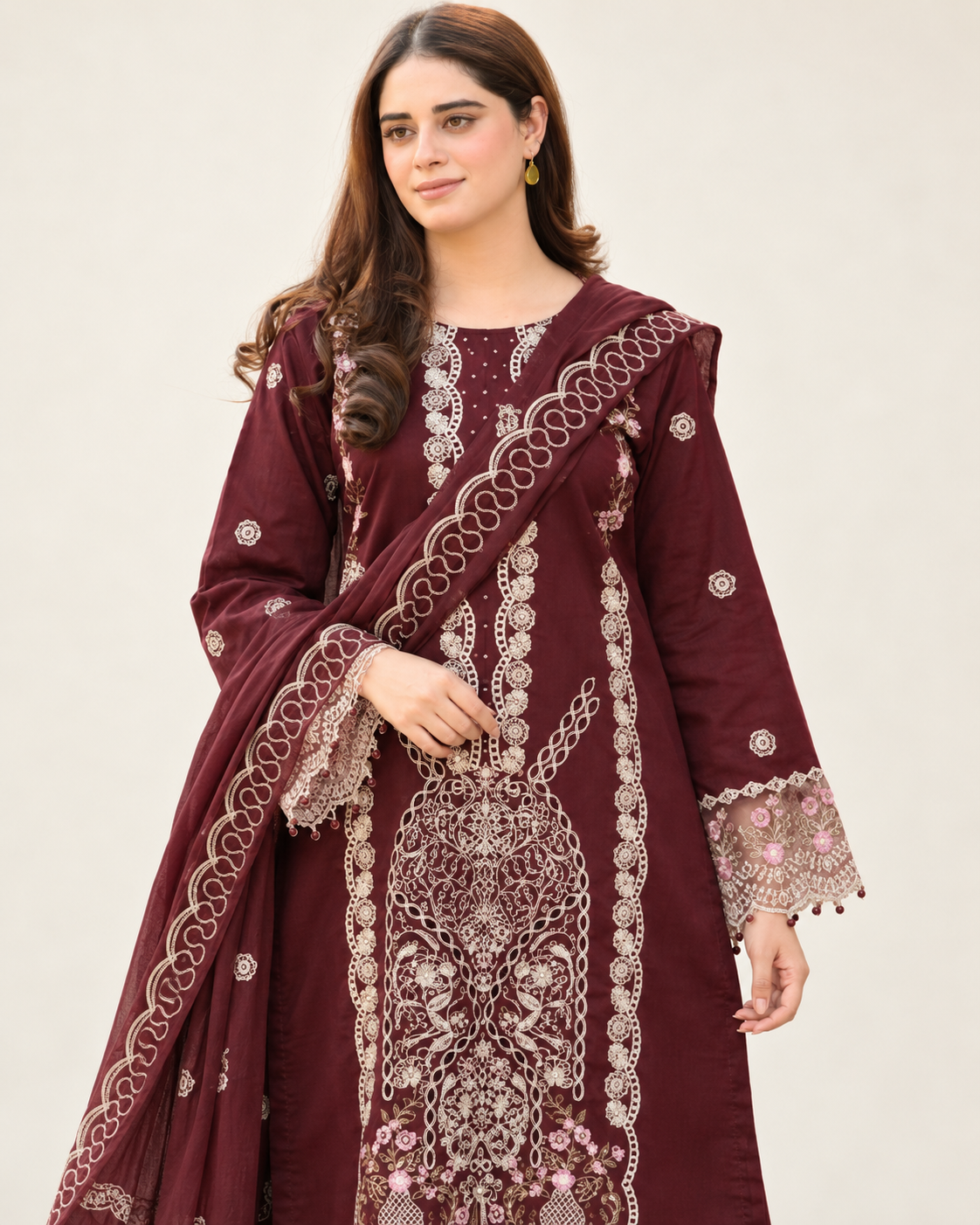 Burgundy embroidered Dhanak winter three-piece suit AL-828, image 5