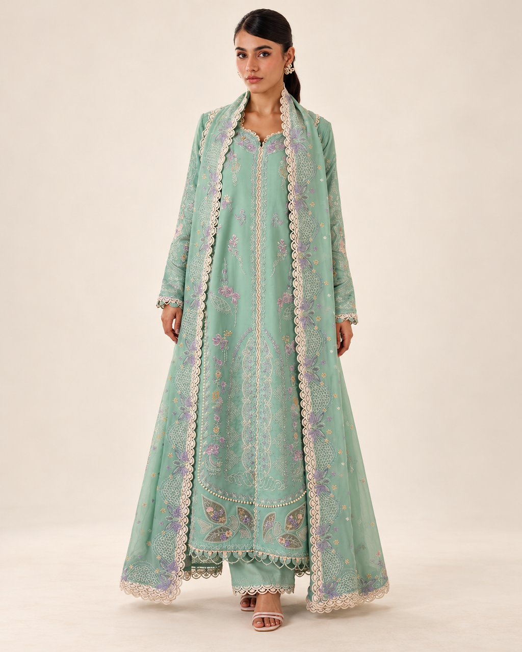 Mint Green embroidered Dhanak winter three-piece suit AL-836, image 1