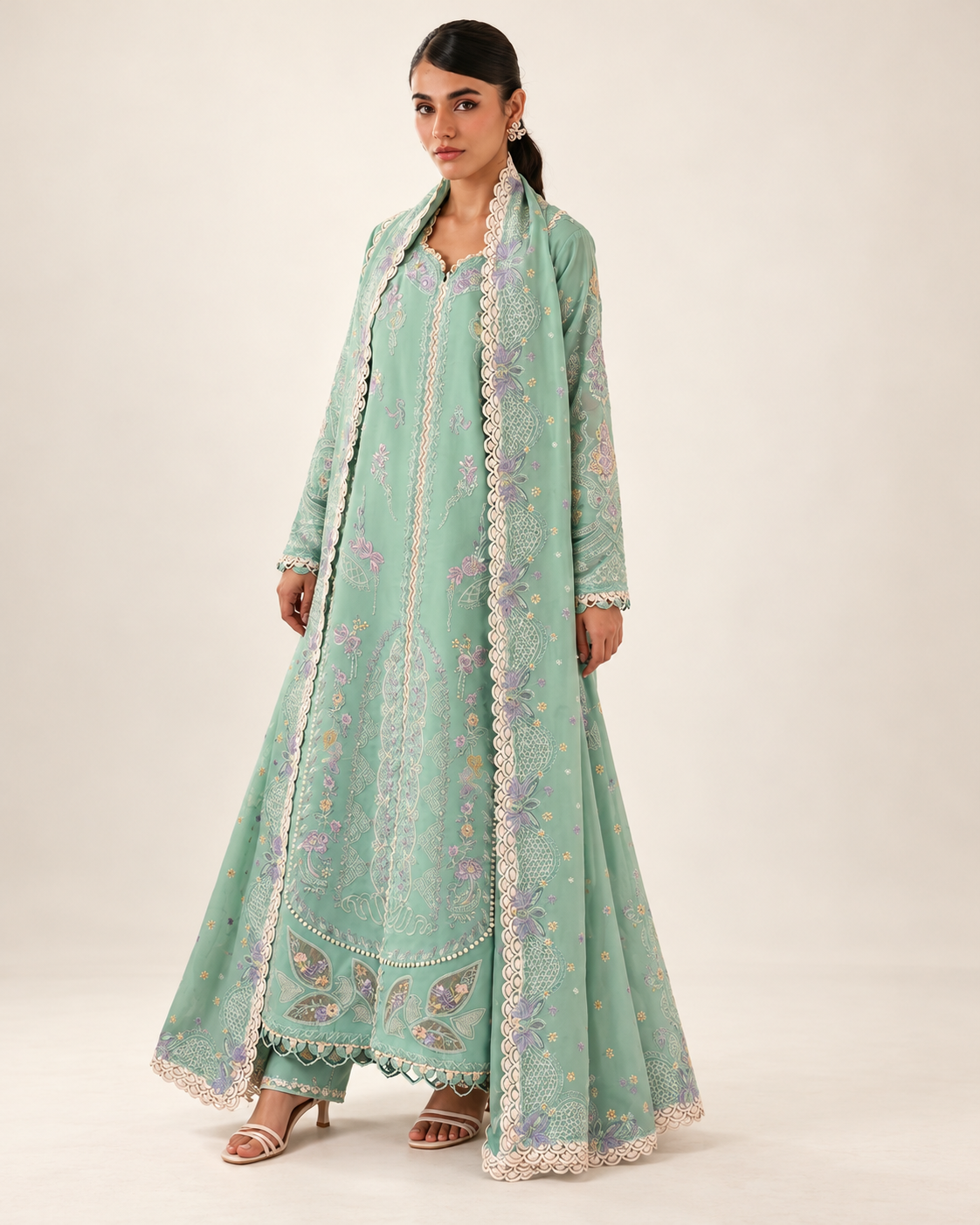 Mint Green embroidered Dhanak winter three-piece suit AL-836, image 2
