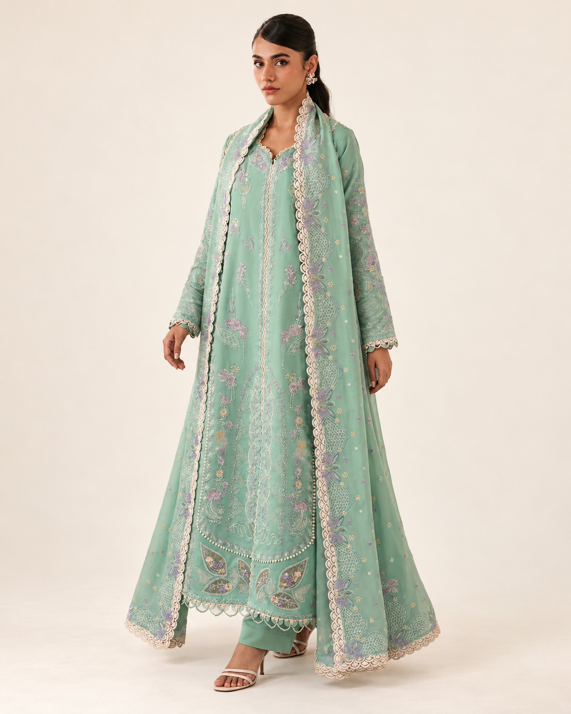 Mint Green embroidered Dhanak winter three-piece suit AL-836, image 3