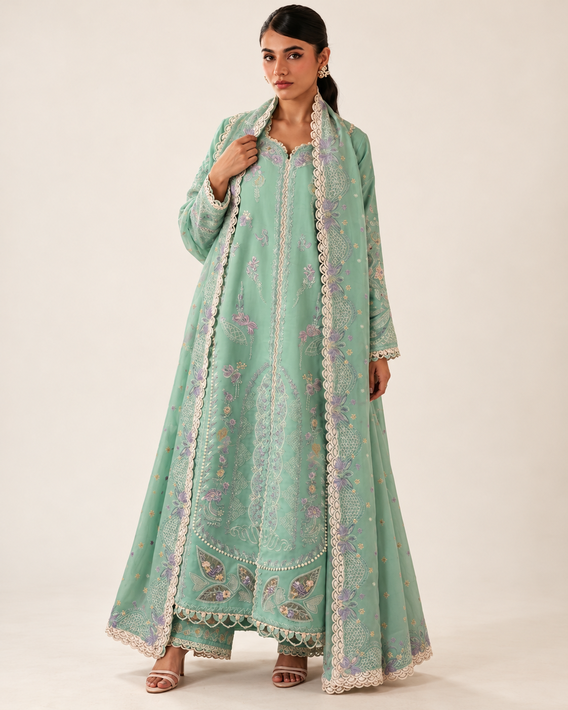 Mint Green embroidered Dhanak winter three-piece suit AL-836, image 4
