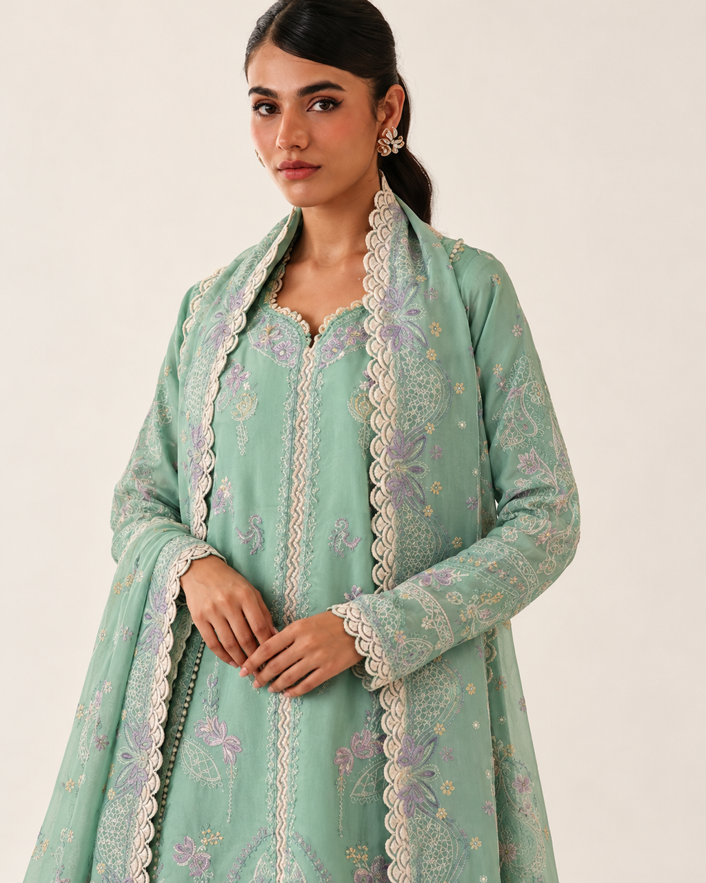Mint Green embroidered Dhanak winter three-piece suit AL-836, image 5