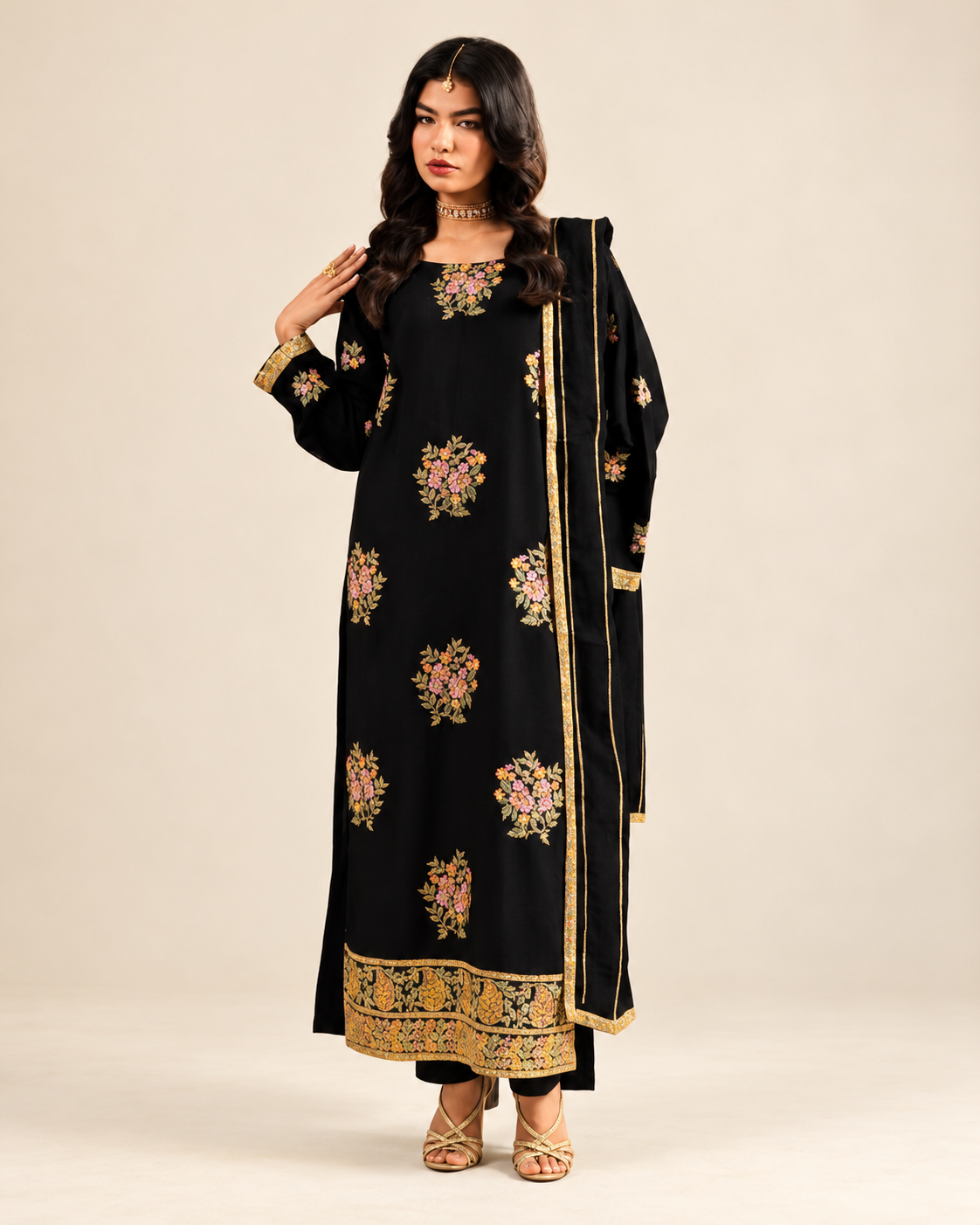 Black Floral embroidered Dhanak winter three-piece suit AL-846, image 1