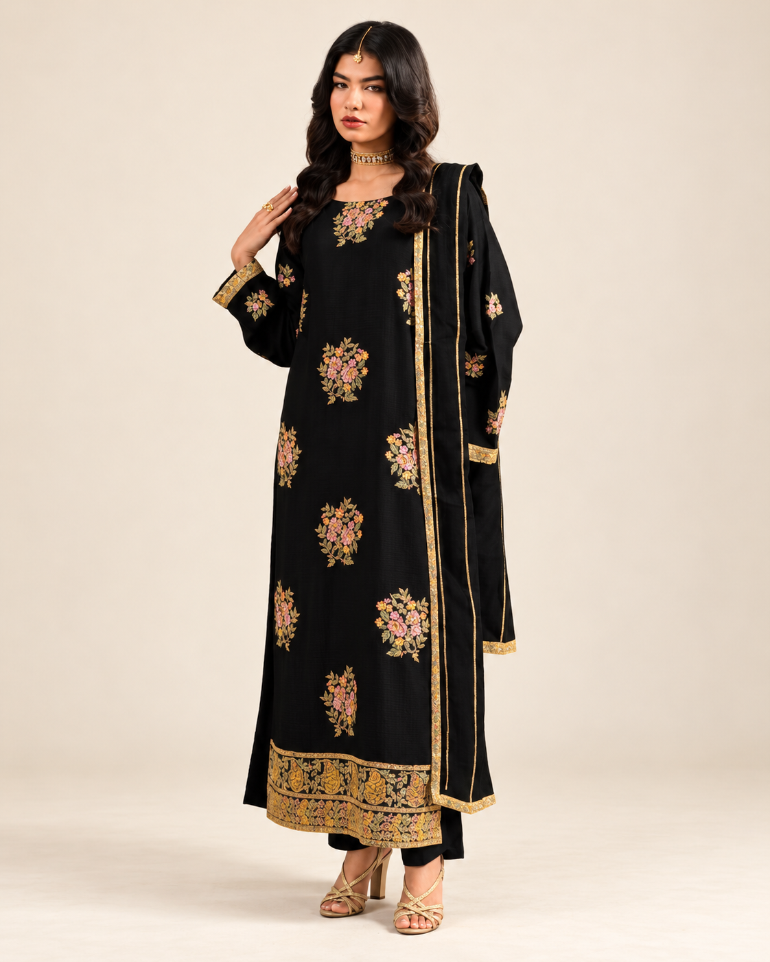 Black Floral embroidered Dhanak winter three-piece suit AL-846, image 2