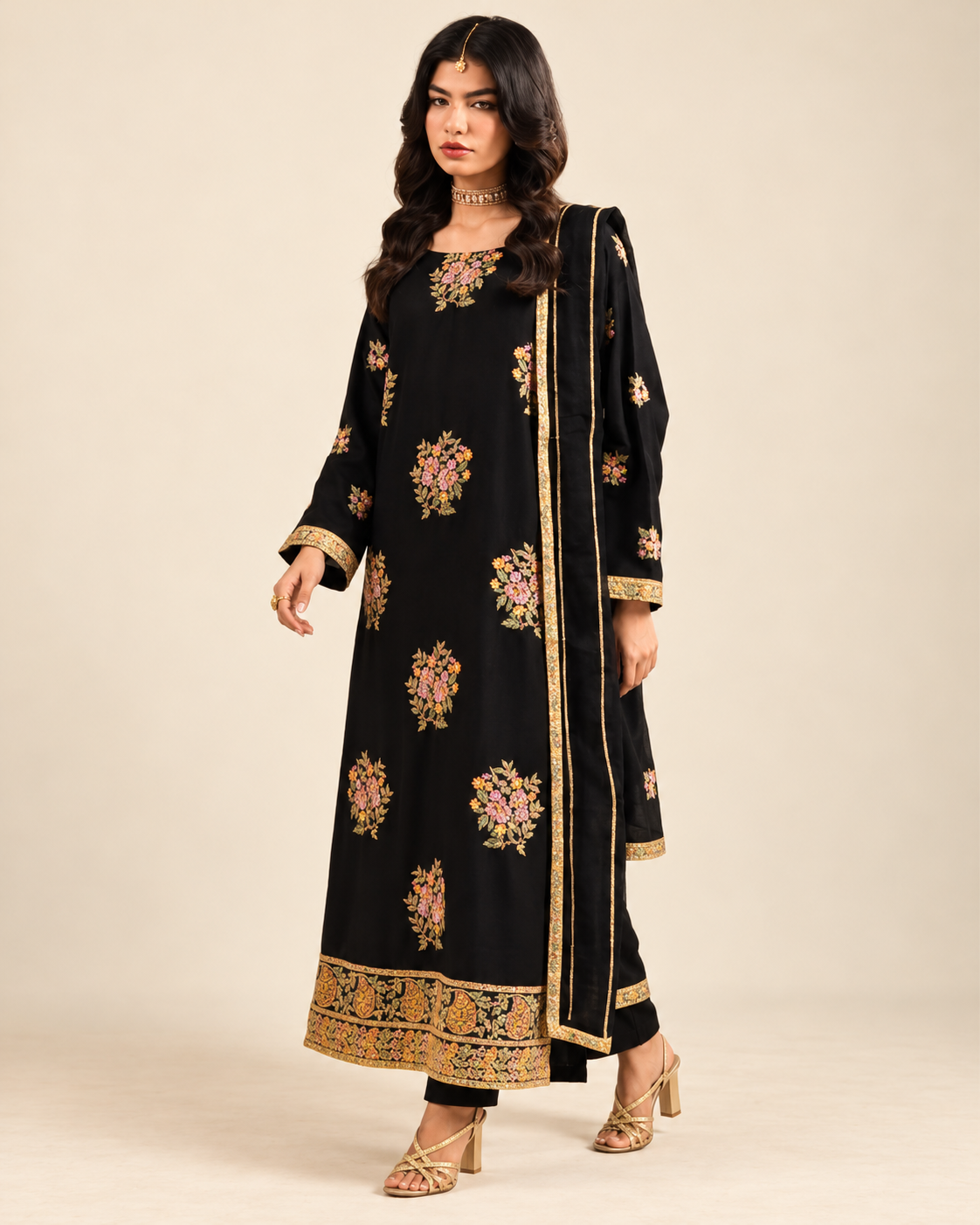Black Floral embroidered Dhanak winter three-piece suit AL-846, image 3