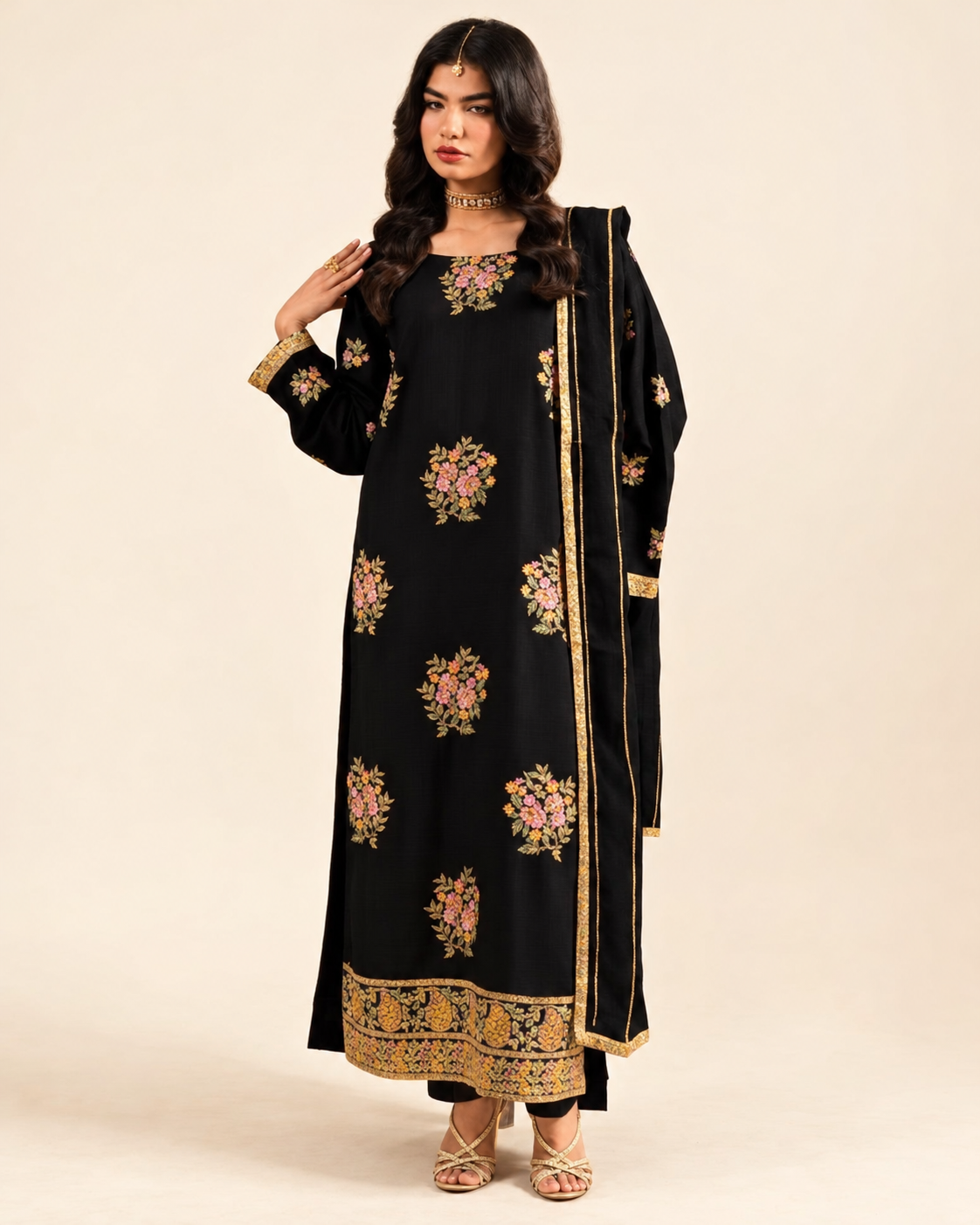 Black Floral embroidered Dhanak winter three-piece suit AL-846, image 4