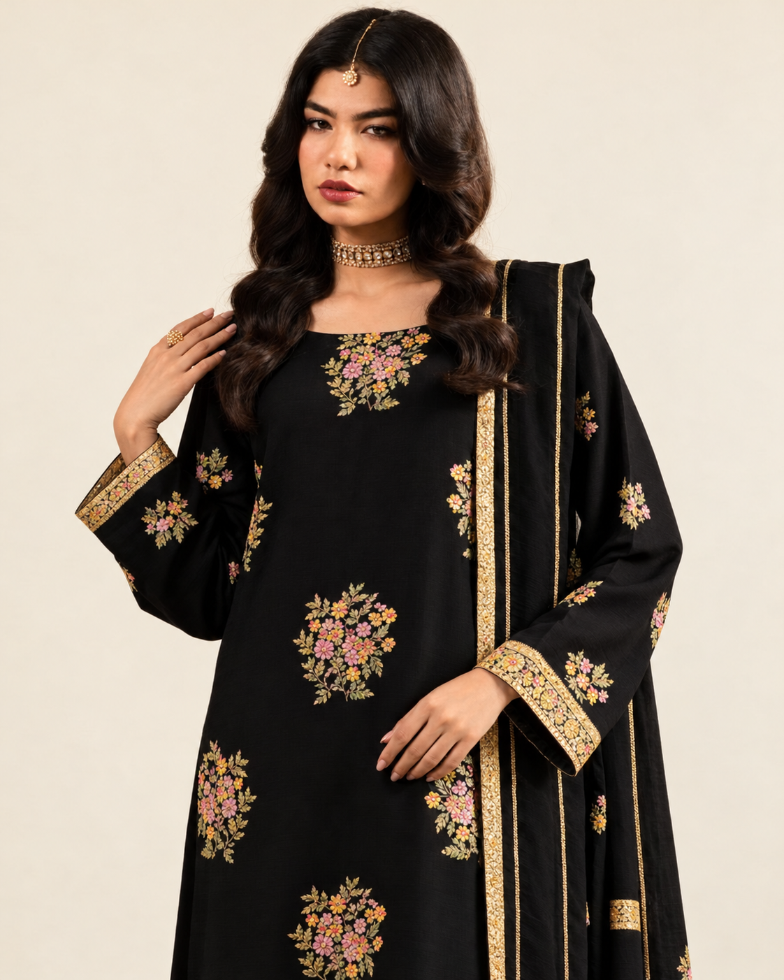 Black Floral embroidered Dhanak winter three-piece suit AL-846, image 5
