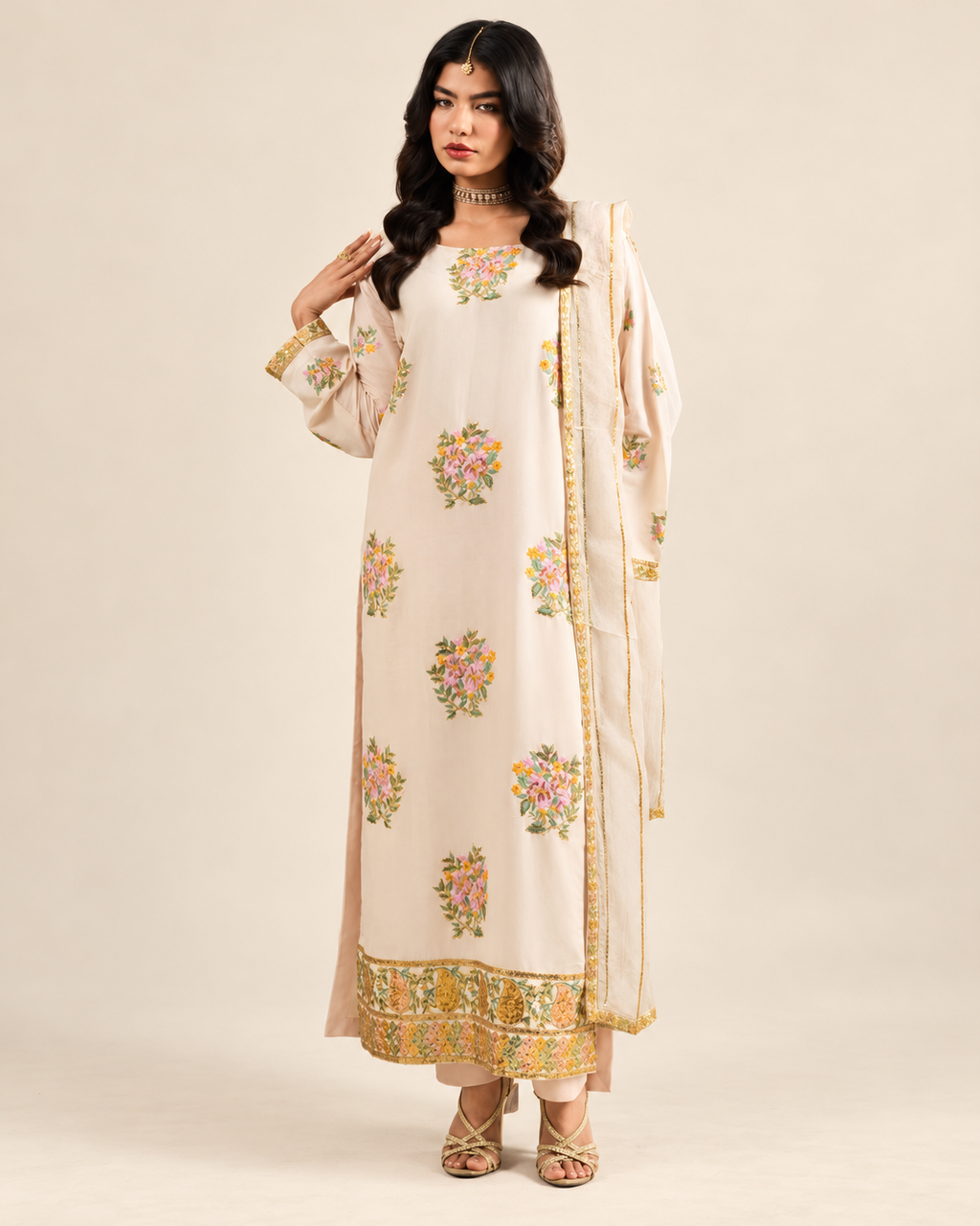 Ivory floral embroidered Dhanak three-piece suit AL-846, front view