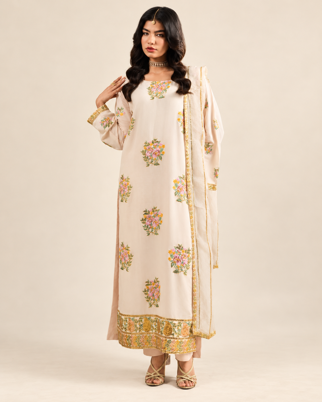 Ivory floral embroidered Dhanak three-piece suit AL-846, front view