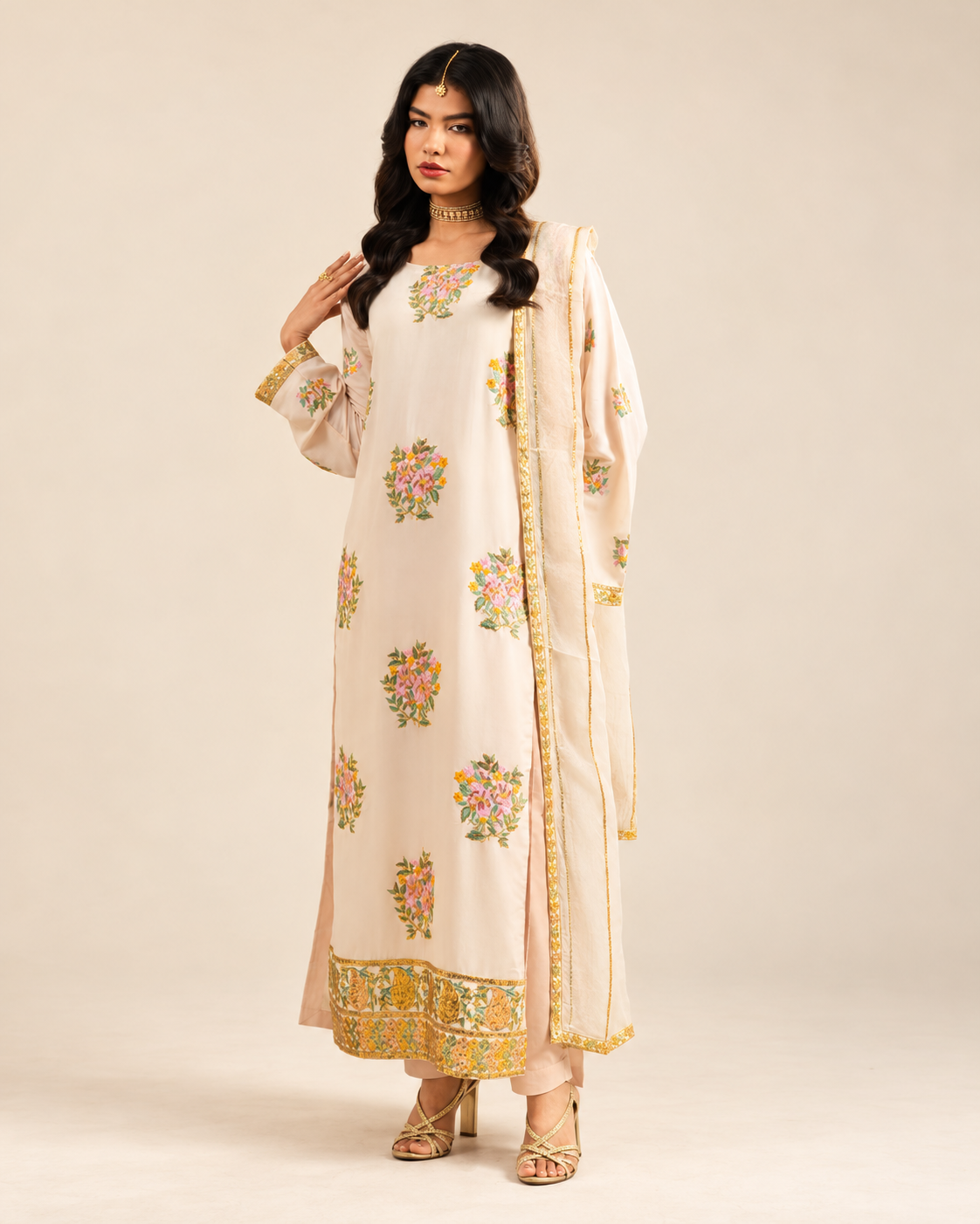 Ivory Floral embroidered Dhanak winter three-piece suit AL-846, image 2