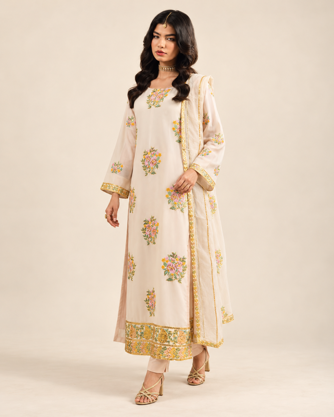 Ivory Floral embroidered Dhanak winter three-piece suit AL-846, image 3