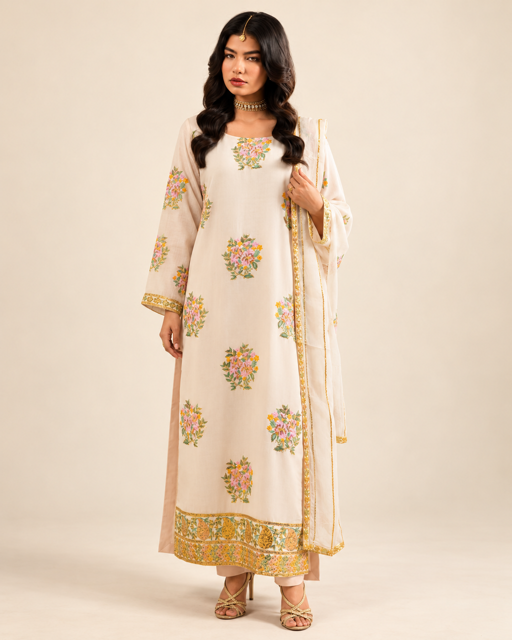 Ivory Floral embroidered Dhanak winter three-piece suit AL-846, image 4