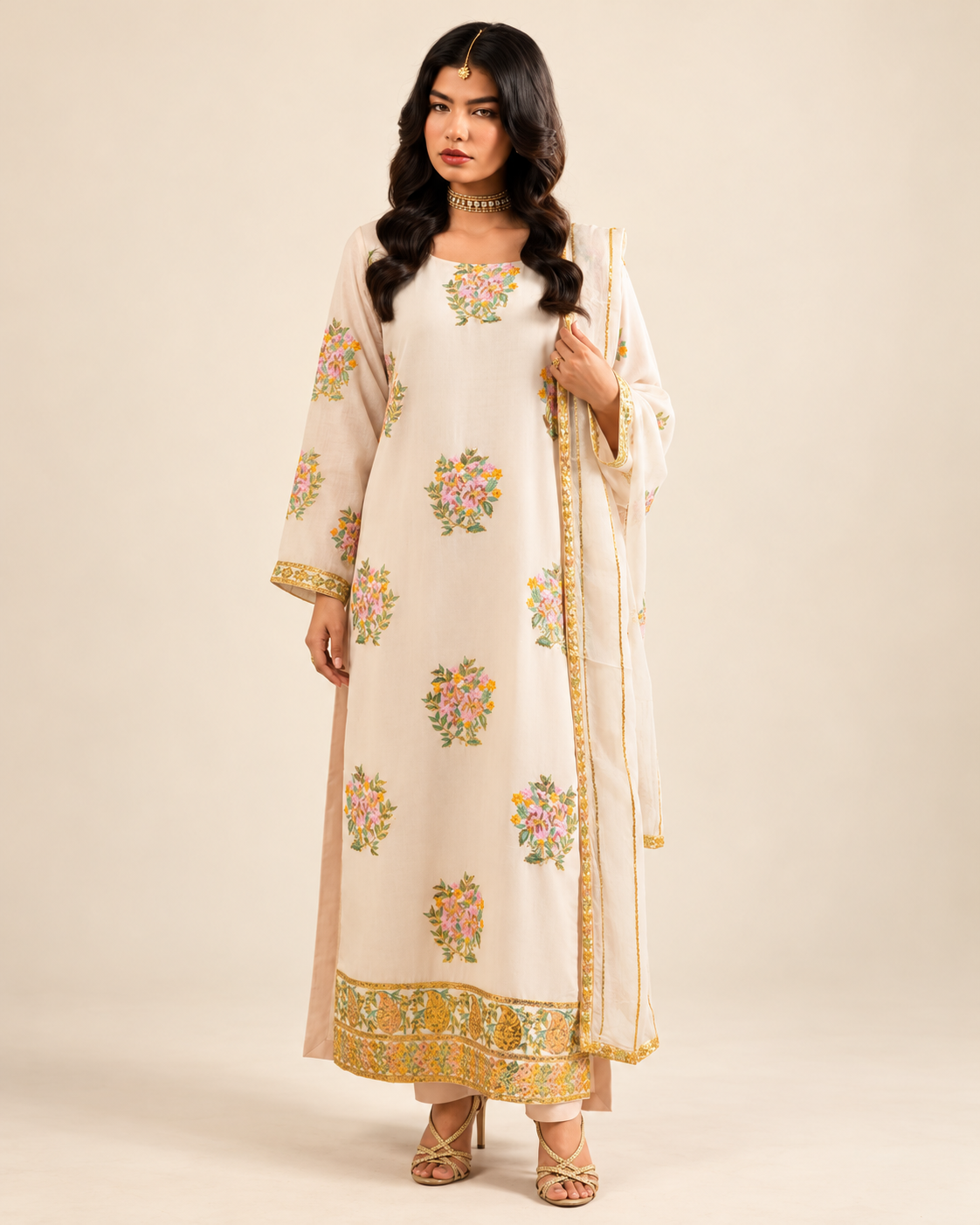 Ivory Floral embroidered Dhanak winter three-piece suit AL-846, image 4