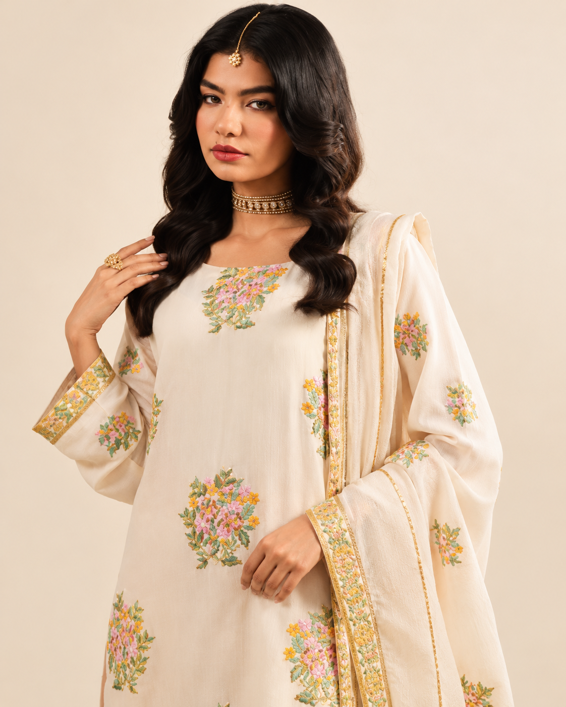 Ivory Floral embroidered Dhanak winter three-piece suit AL-846, image 5