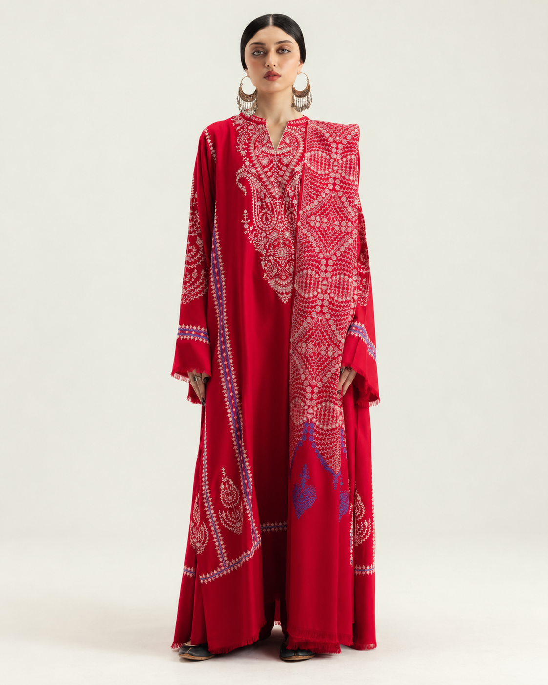 Red embroidered Dhanak winter three-piece suit AL-850, image 1