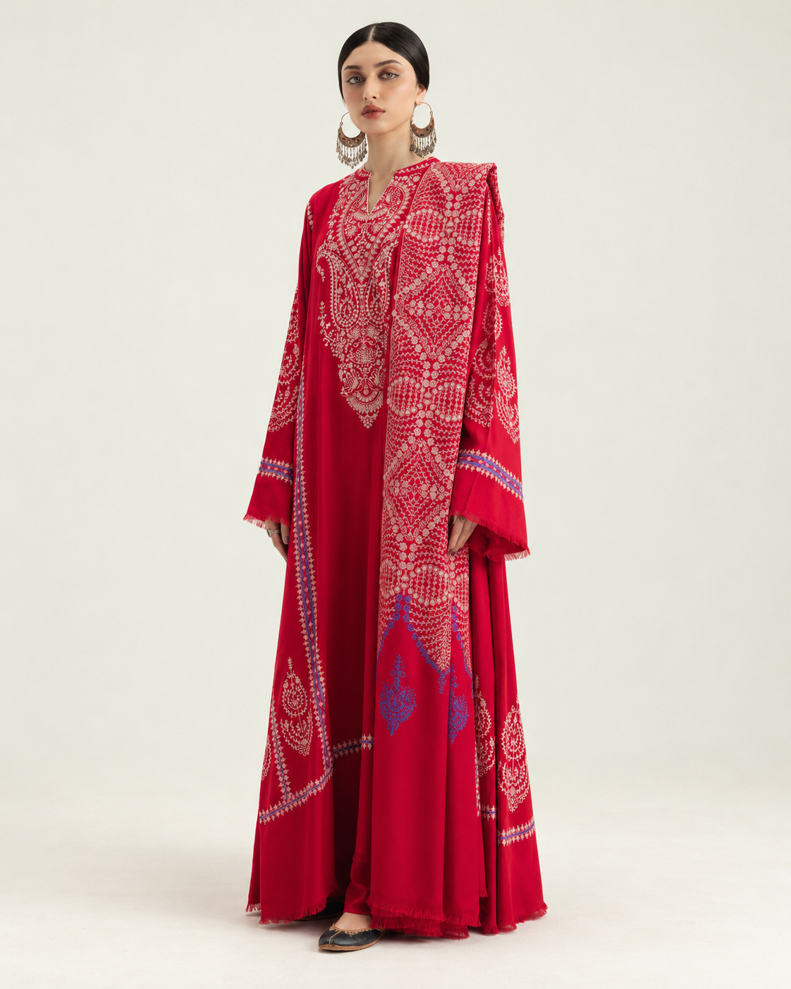 Red embroidered Dhanak winter three-piece suit AL-850, image 2