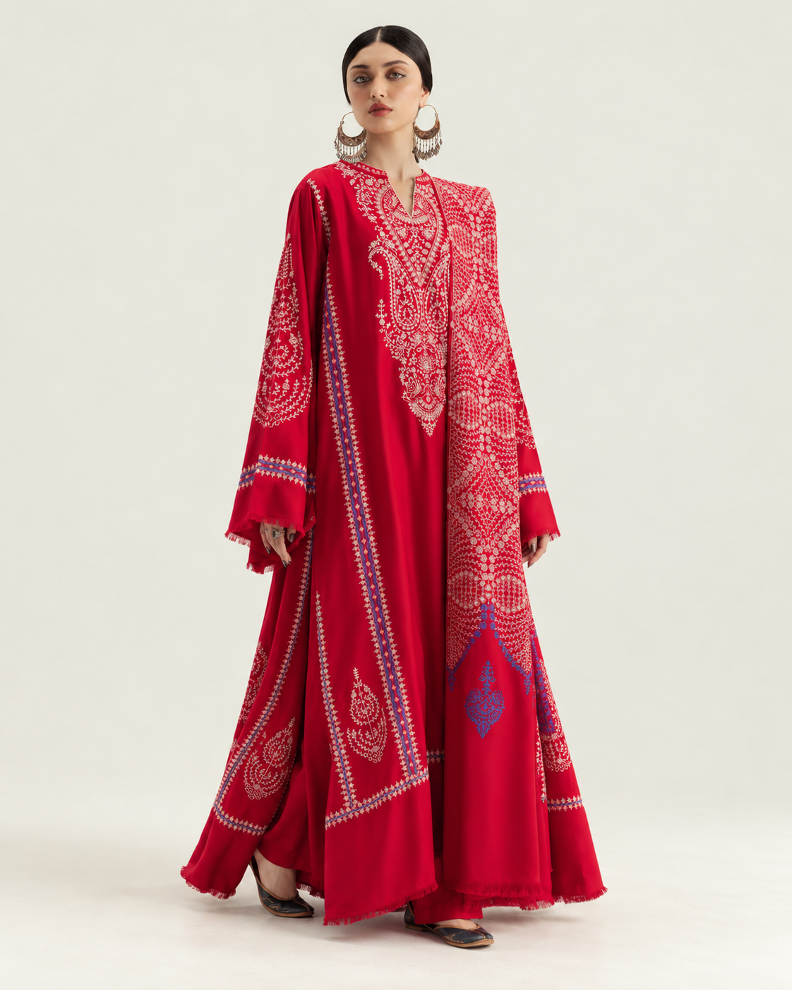 Red embroidered Dhanak winter three-piece suit AL-850, image 3