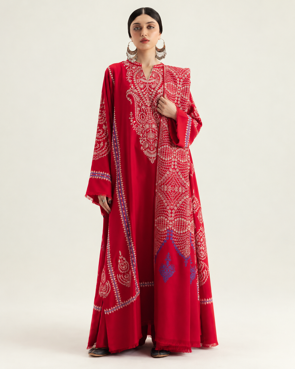 Red embroidered Dhanak winter three-piece suit AL-850, image 4