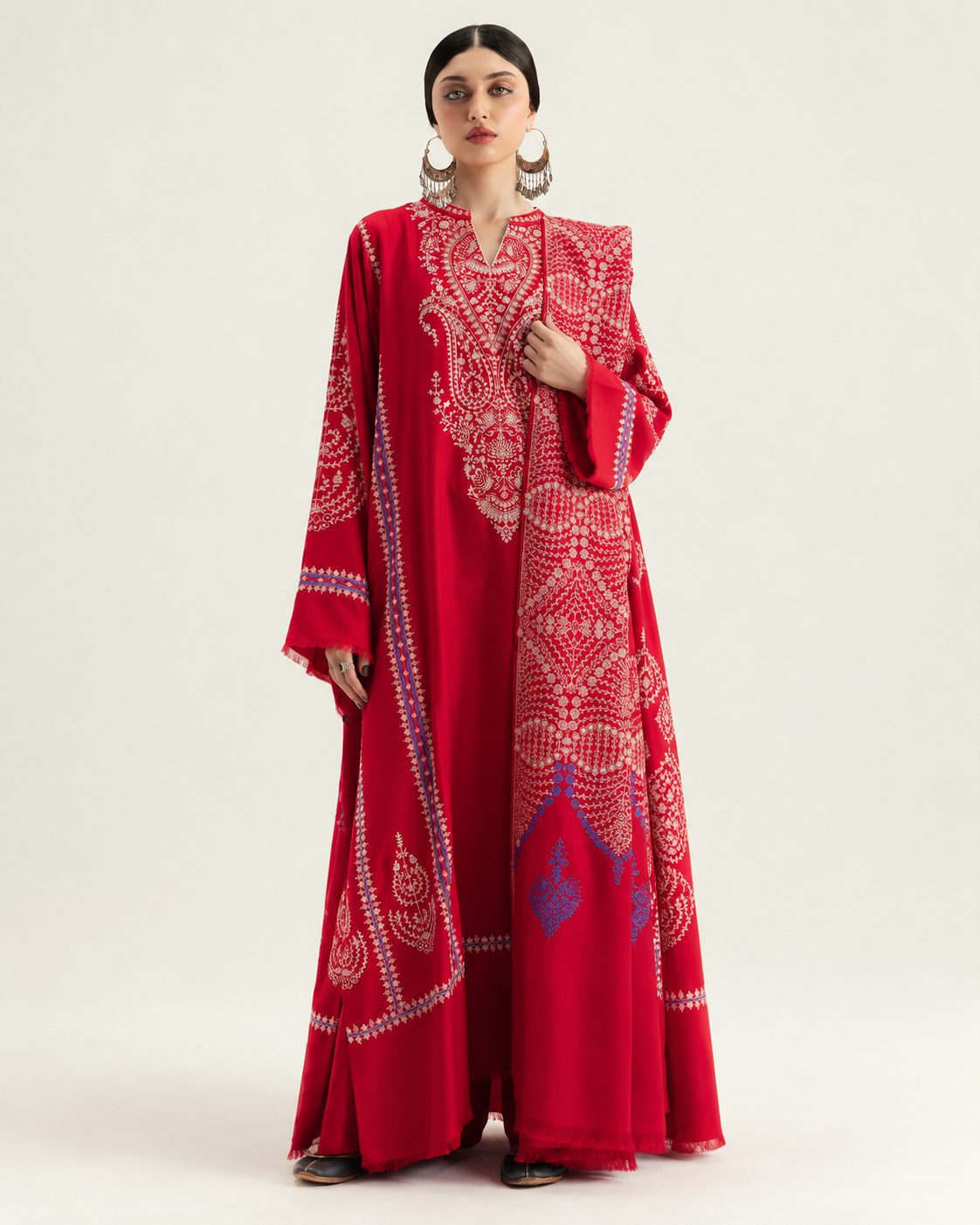 Red embroidered Dhanak winter three-piece suit AL-850, image 4