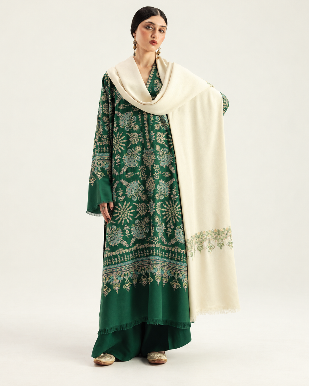 Emerald Green embroidered Dhanak winter three-piece suit AL-856, image 1