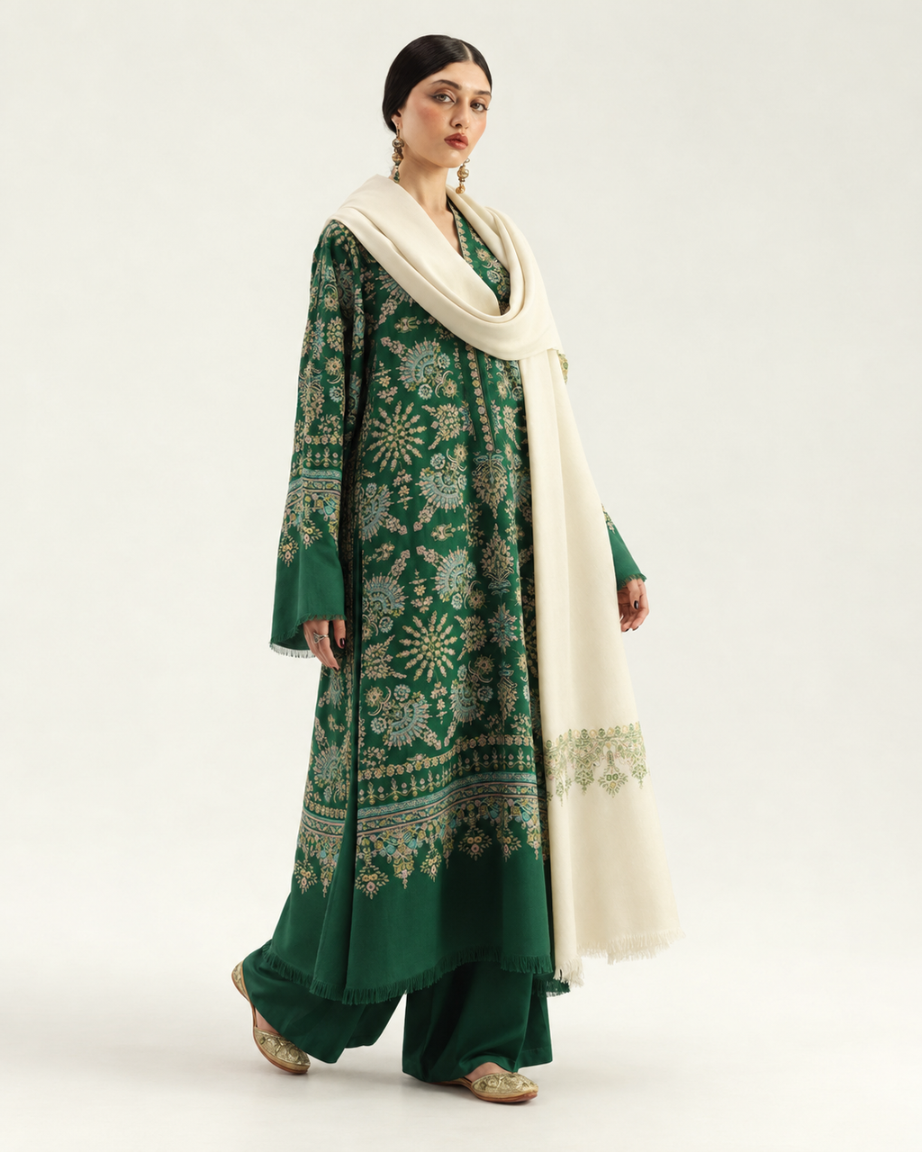 Emerald Green embroidered Dhanak winter three-piece suit AL-856, image 3