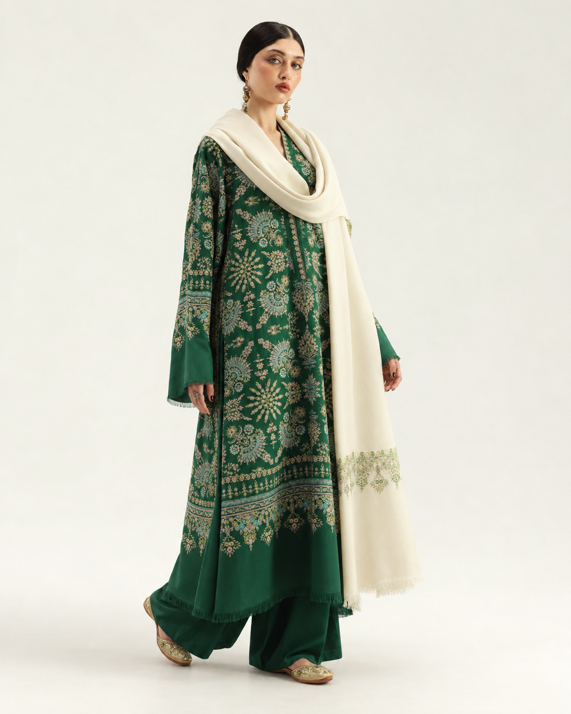 Emerald Green embroidered Dhanak winter three-piece suit AL-856, image 3