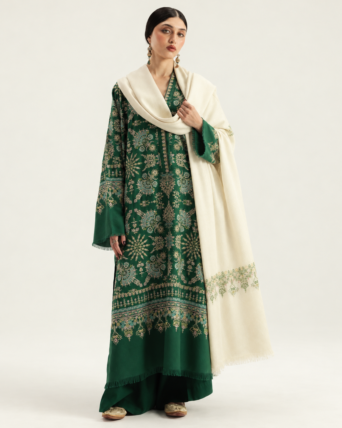 Emerald Green embroidered Dhanak winter three-piece suit AL-856, image 4