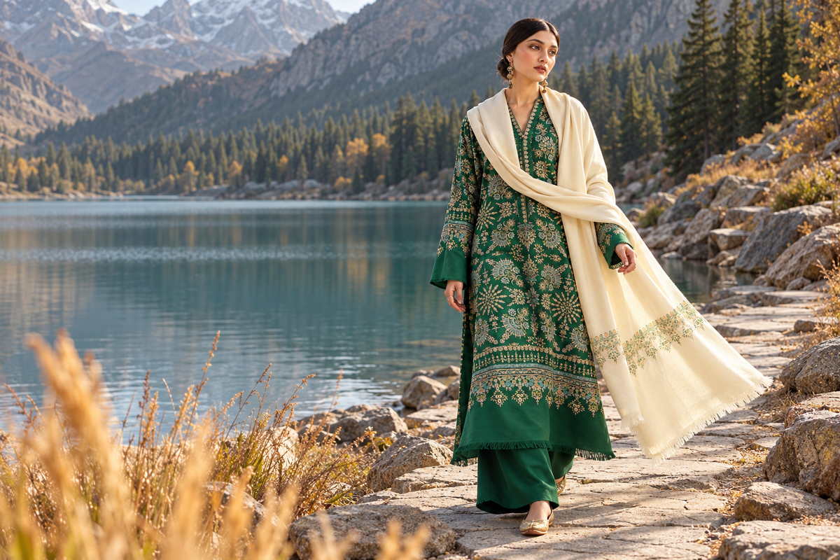 Emerald Green Embroidered Dhanak 3-Piece Suit with Shawl - AL-856