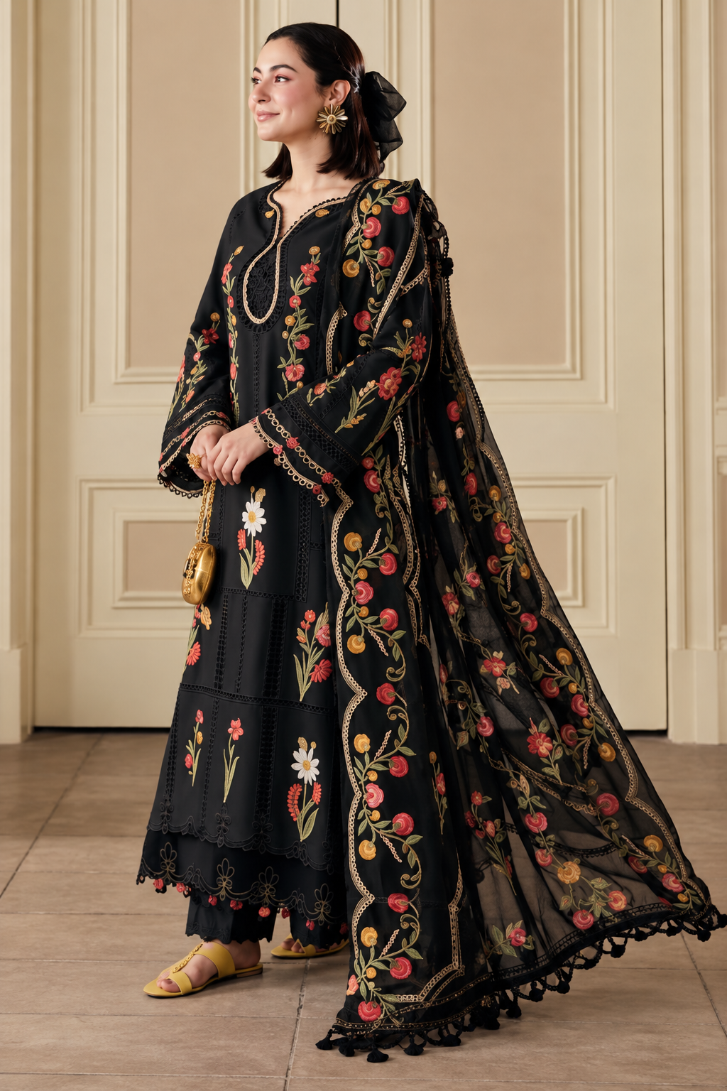 Black Rose Floral Embroidered Dhanak 3-Piece Suit with Shawl view 1