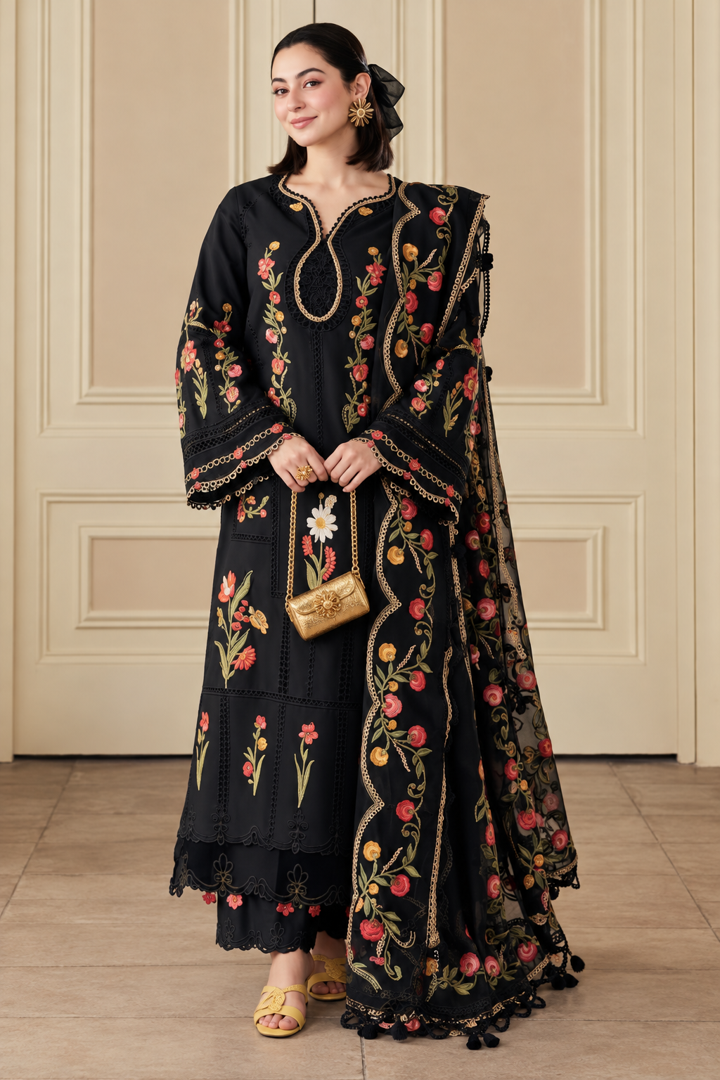 Black Rose Floral Embroidered Dhanak 3-Piece Suit with Shawl view 2