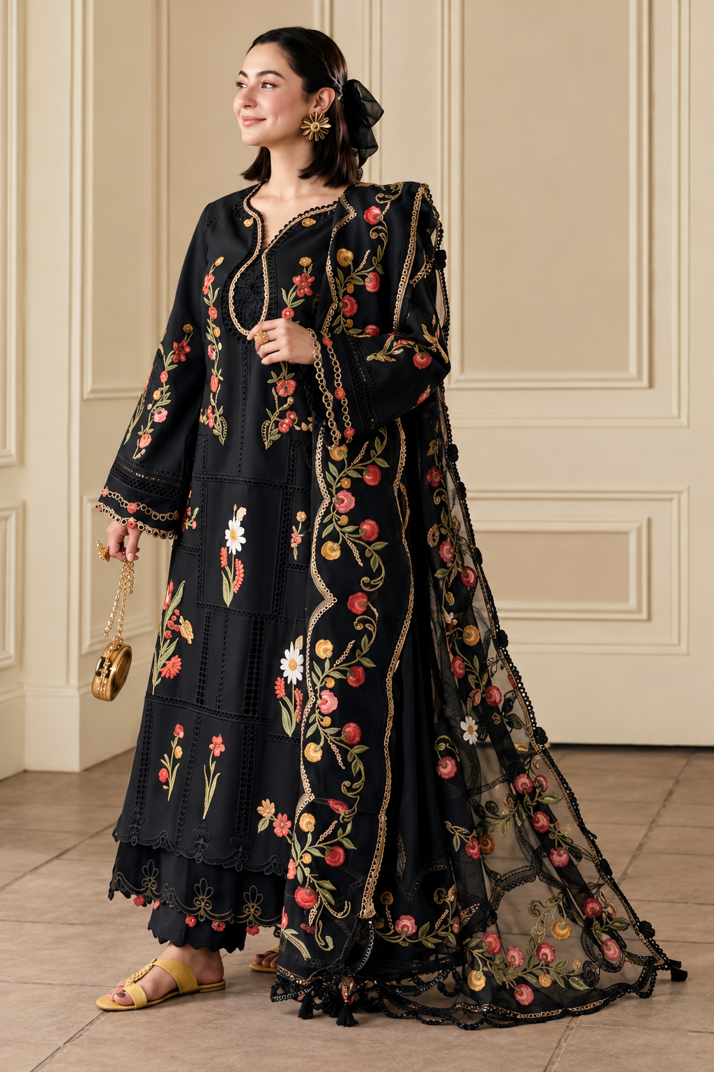 Black Rose Floral Embroidered Dhanak 3-Piece Suit with Shawl view 3