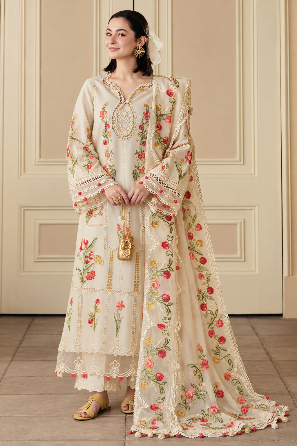 Ivory Rose Floral Embroidered Dhanak 3-Piece Suit with Shawl view 2