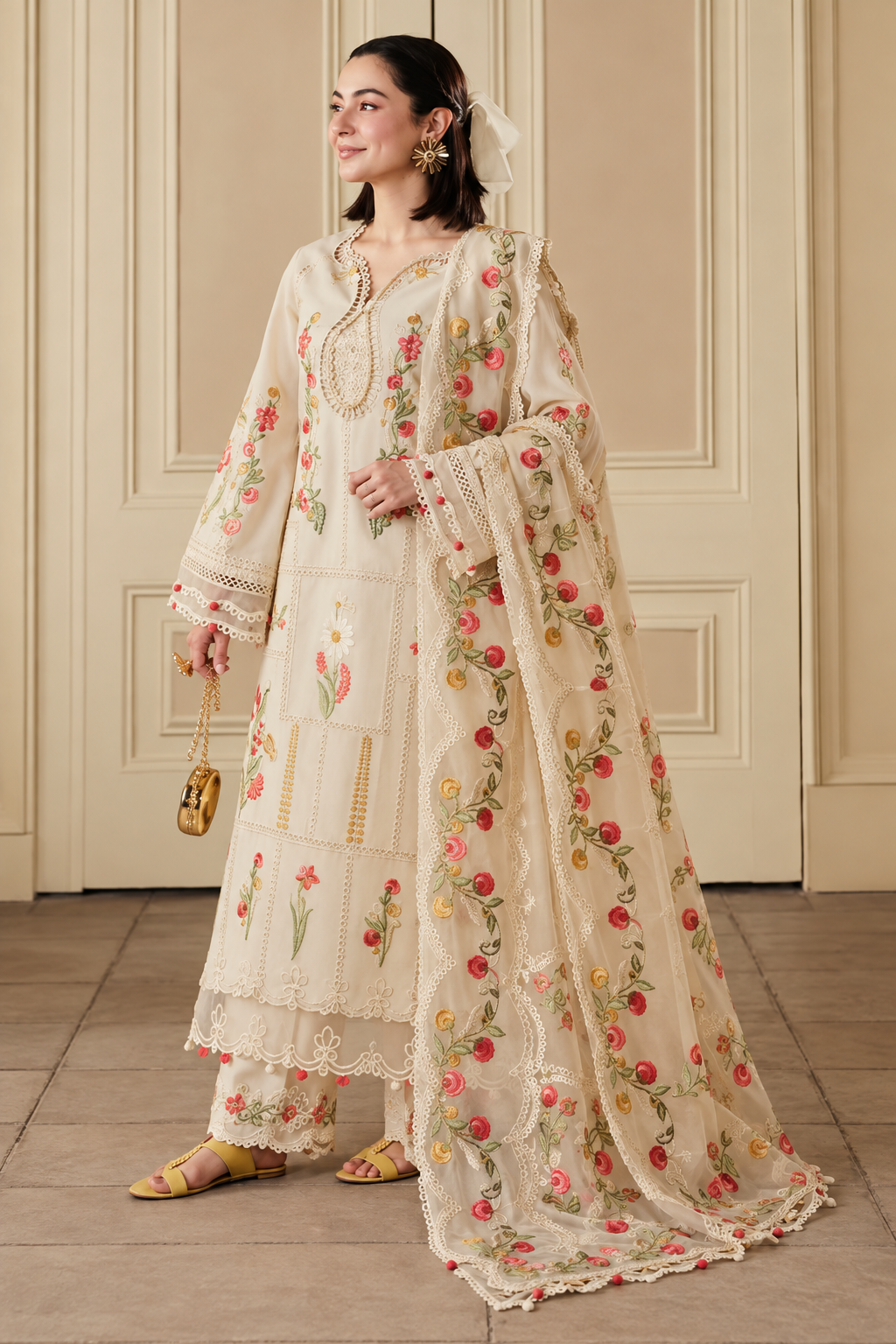 Ivory Rose Floral Embroidered Dhanak 3-Piece Suit with Shawl view 3